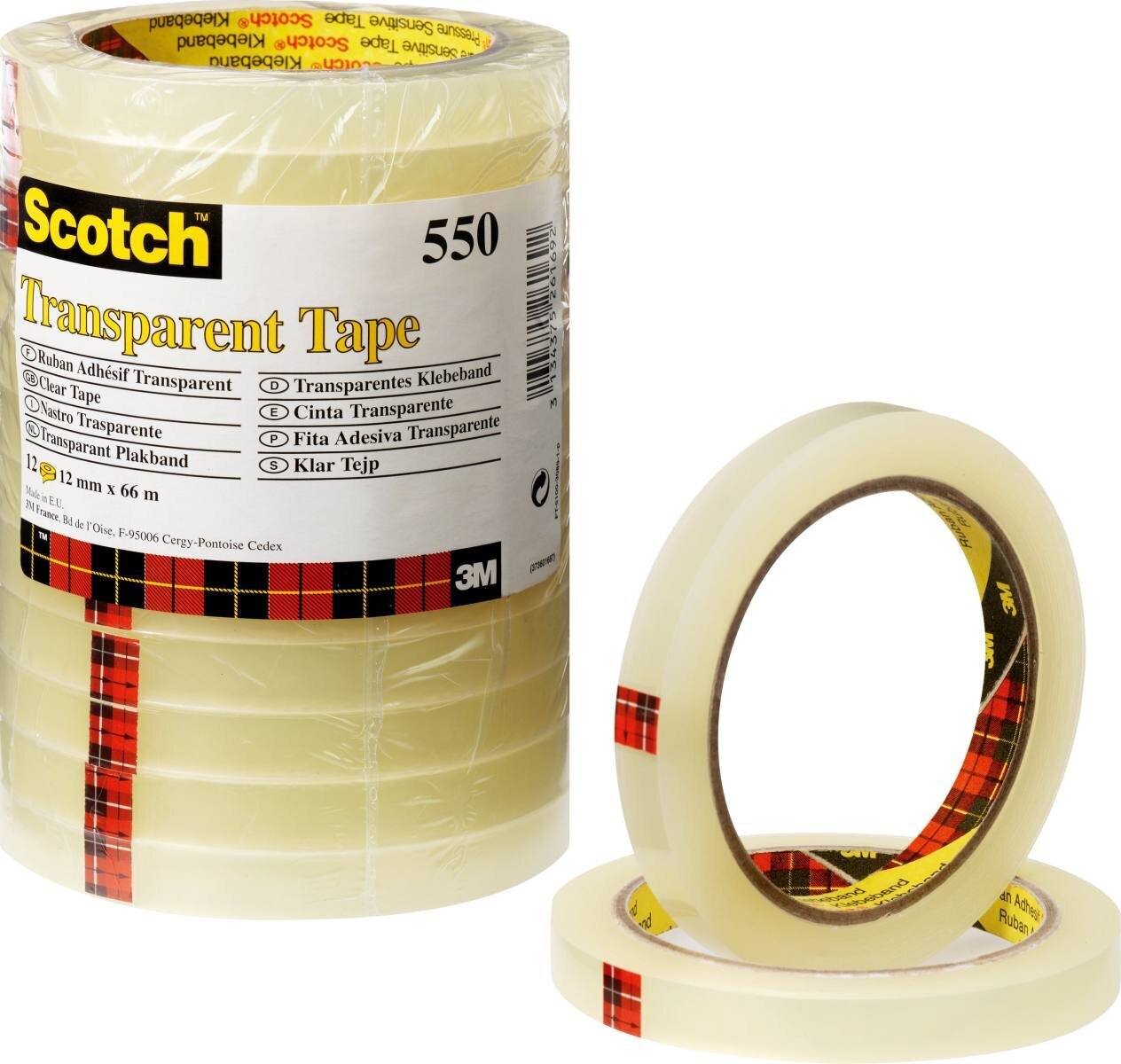 Cinta adhesiva transparente 3M Scotch 550, 19 mm x 66 m, transparente, paquete de 8 rollos