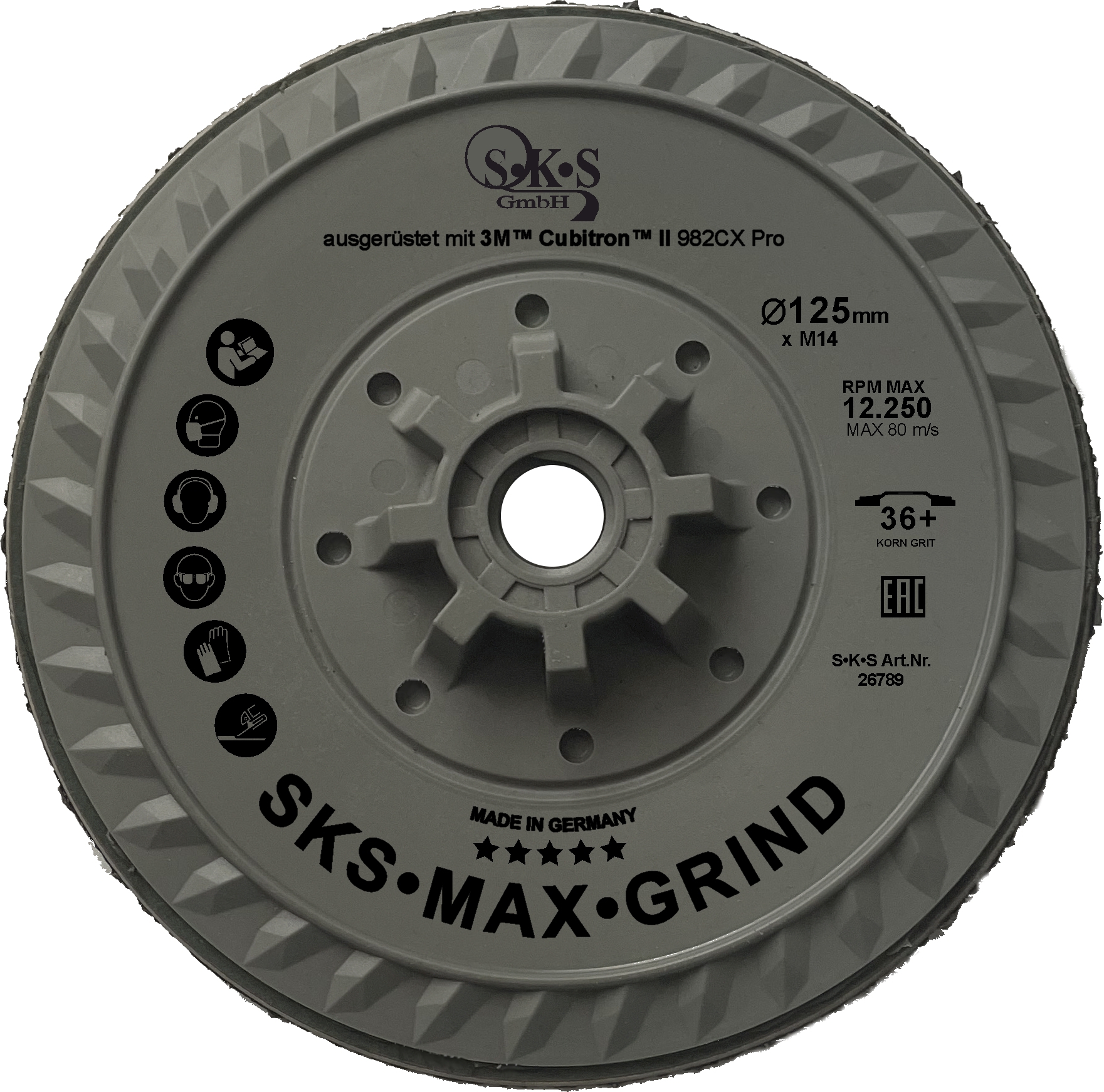 S-K-S Max Grind, 3M Cubitron II -kuitukiekko 982CX Pro, 125 mm, karkeus 36 , M14-kierteellä varustetut kiinnikkeet.