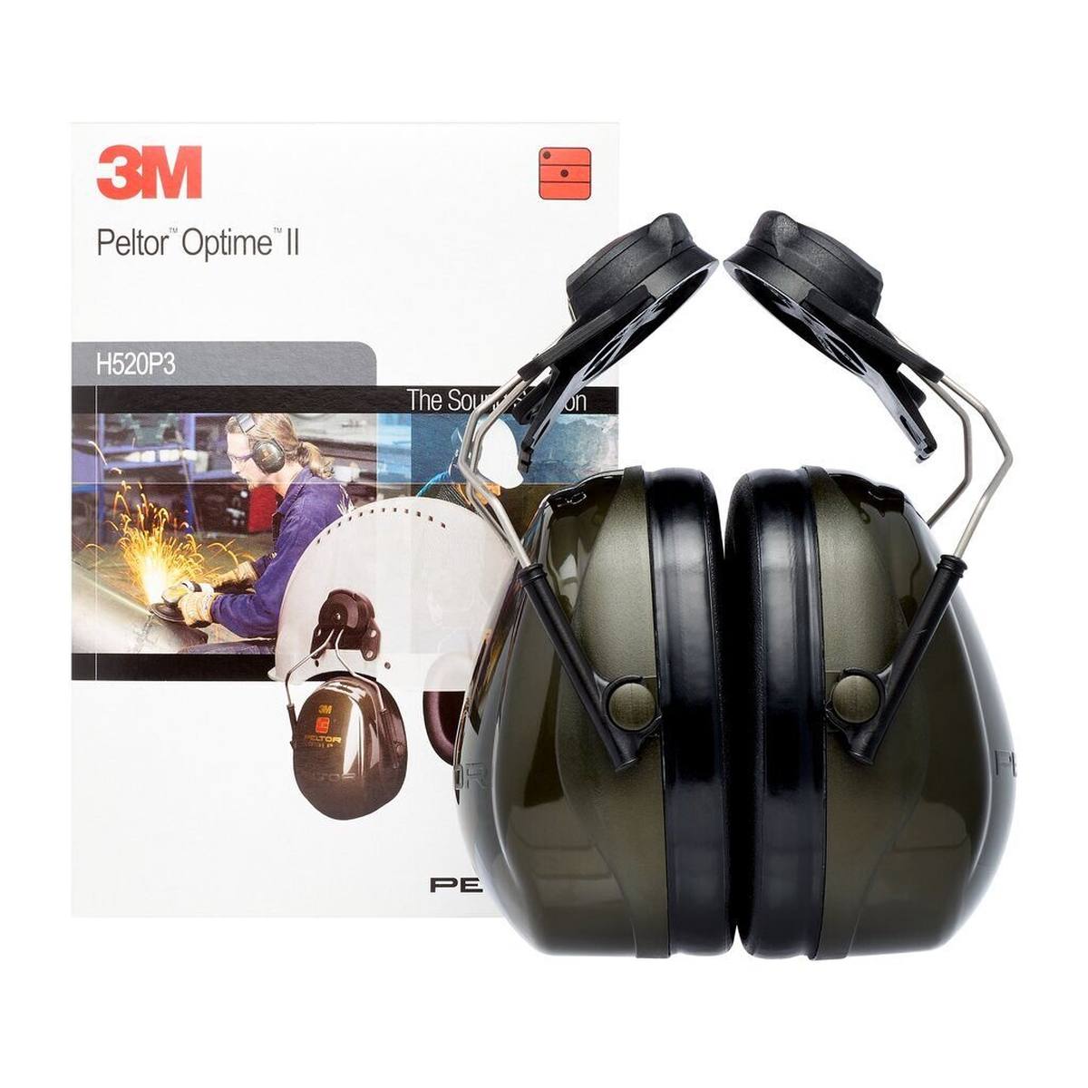 3M PELTOR Optime II earmuffs, dielectric helmet attachment, green, with helmet adapter P3E (for all 3M helmets, except G2000), SNR=30 dB, H520P3E1