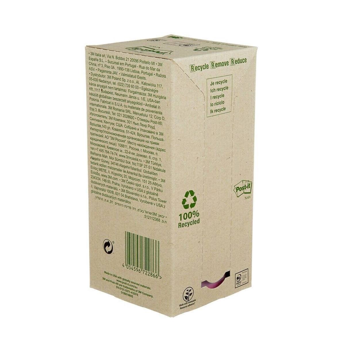 3M Post-it Recycling Notes 654-1RPT, 76 mm x 76 mm, verschillende kleuren, 16 blokken van elk 100 vellen
