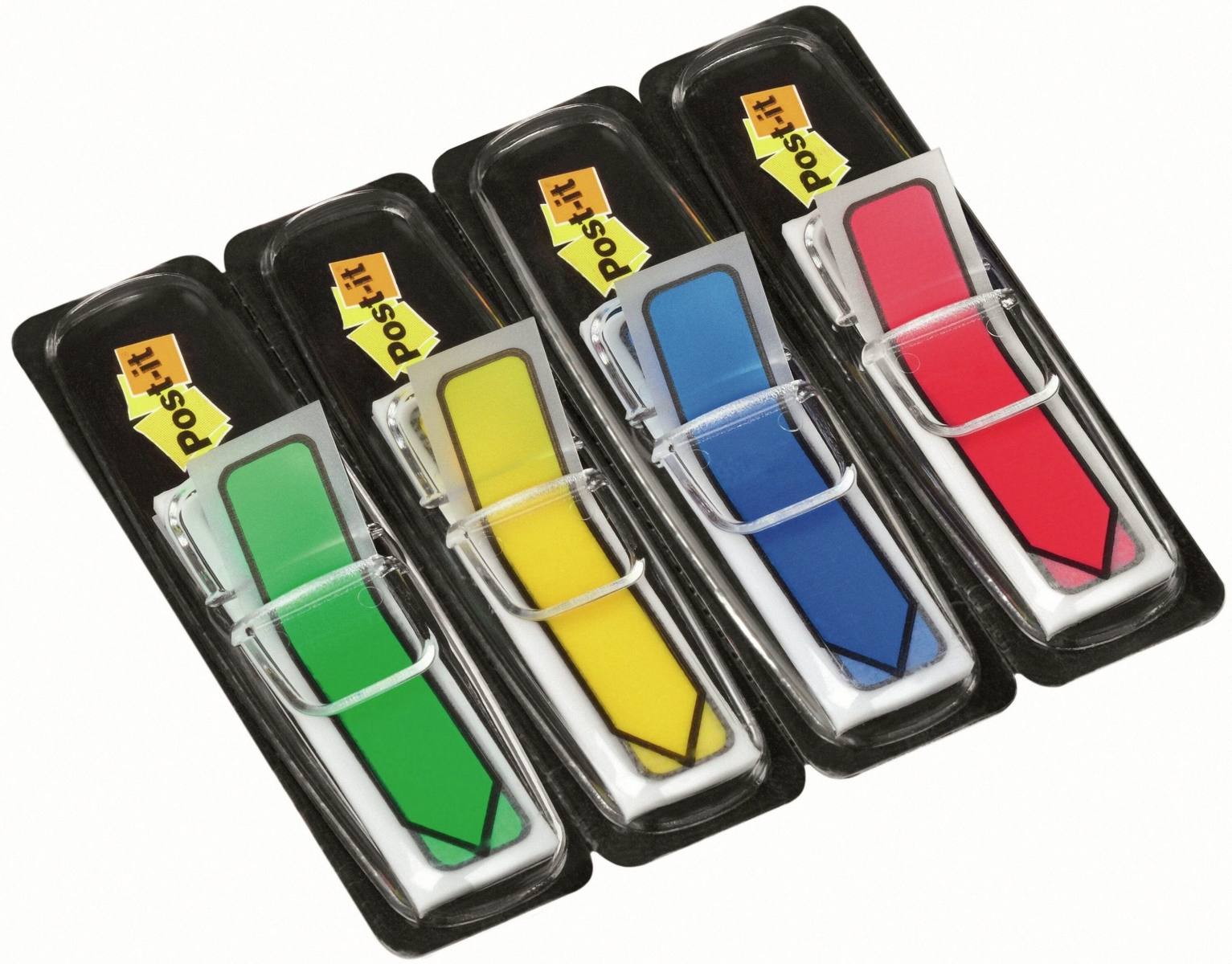 3M Post-it Index flèches 684ARR3, 11,9 mm x 43,2 mm, bleu, jaune, vert, rouge, 4 x 24 bandes adhésives en distributeur