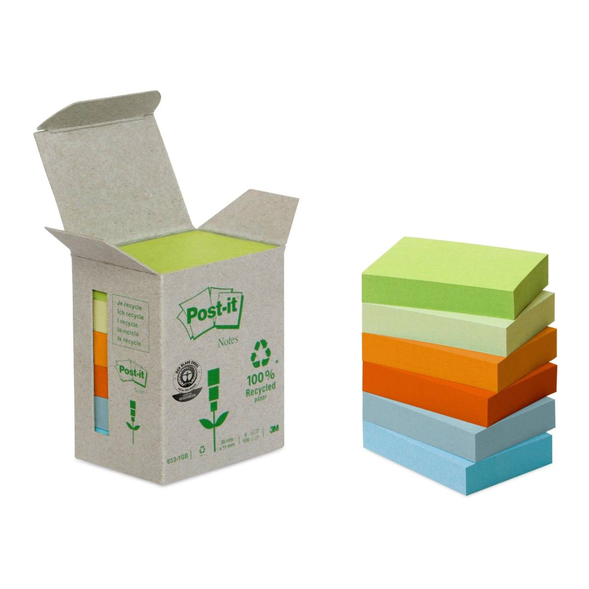 3M Post-it Recycling Notes 653-1GB, 51 mm x 38 mm, verschiedene Farben, 6 Blöcke à 100 Blatt