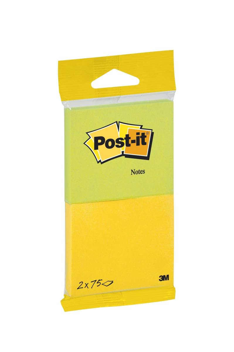 3M Post-it Notes 6720-YG, 76 mm x 63,5 mm, jaune fluo, vert fluo, 2 blocs de 75 feuilles
