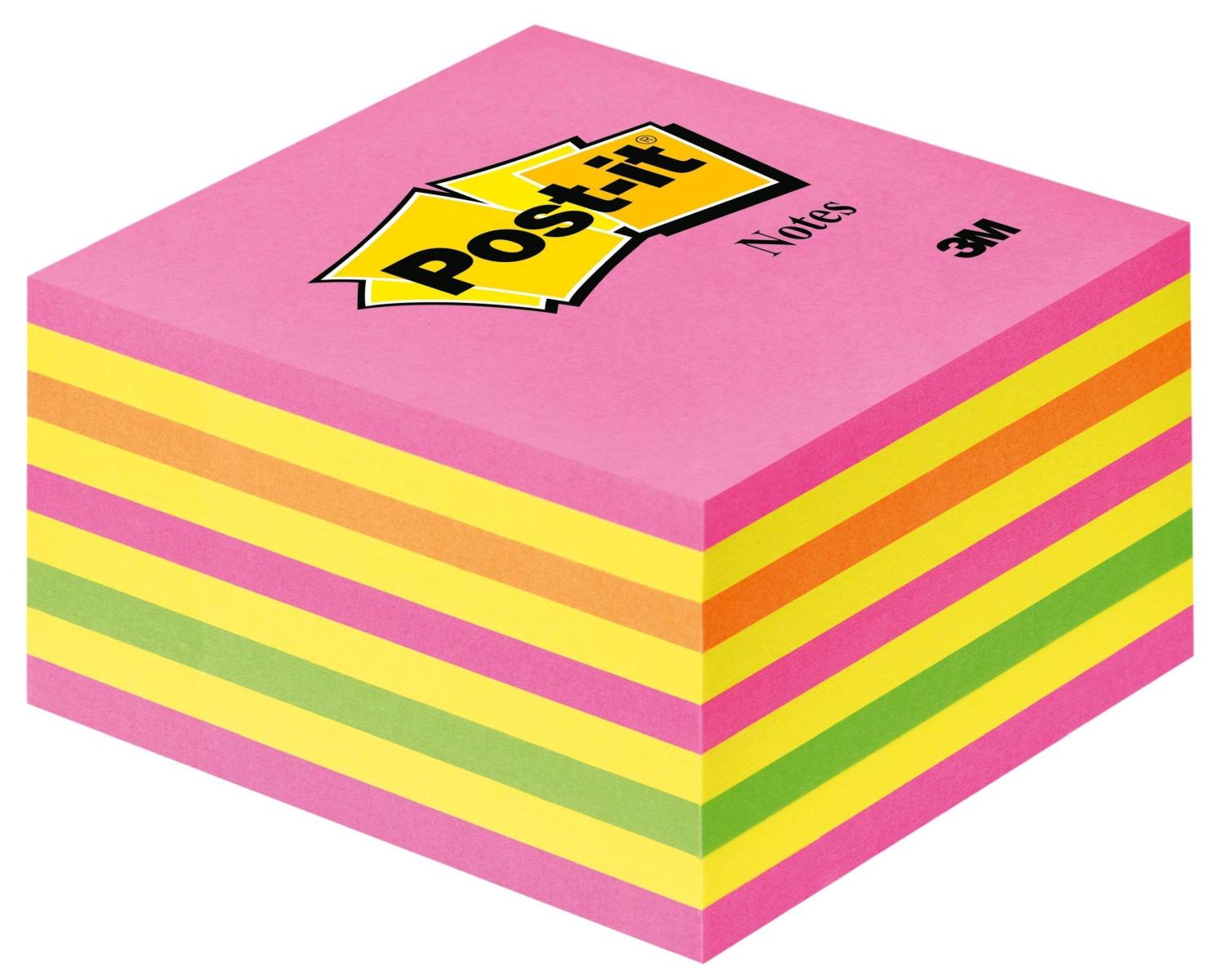 3M Post-it Cubo 2028NP, 76 mm x 76 mm, amarillo, verde neón, rosa neón, rosa, 1 cubo de 450 hojas, paquete=12 unidades