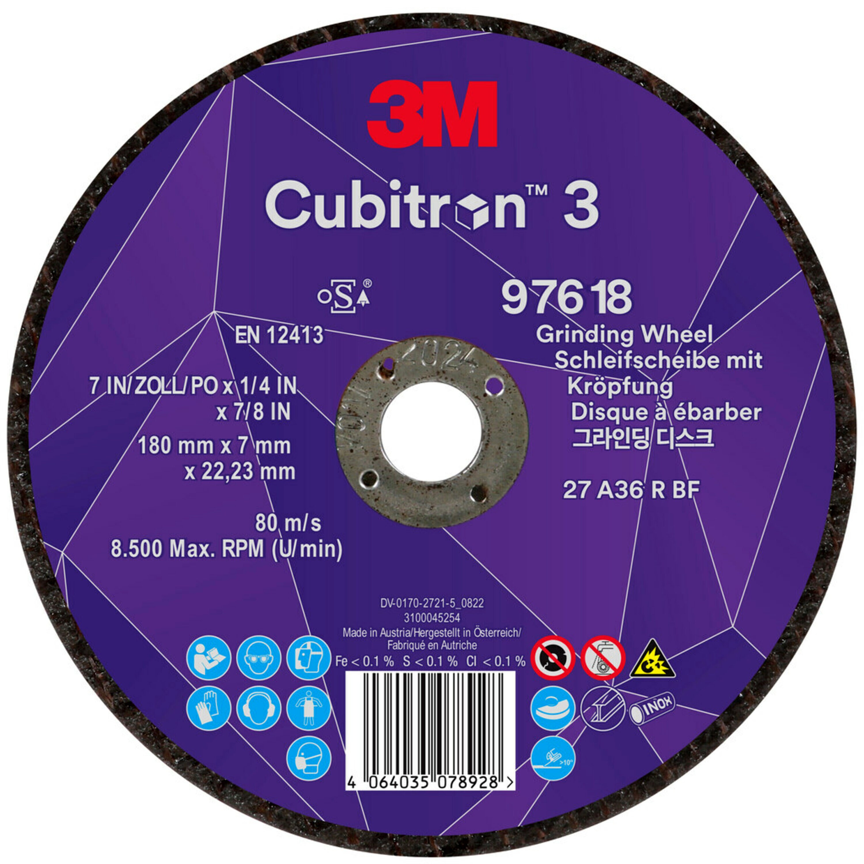 3M Cubitron 3 disco abrasivo, 180 mm, 7,0 mm, 22,23 mm, 36 , tipo 27, specialmente per la sgorbia # 97618