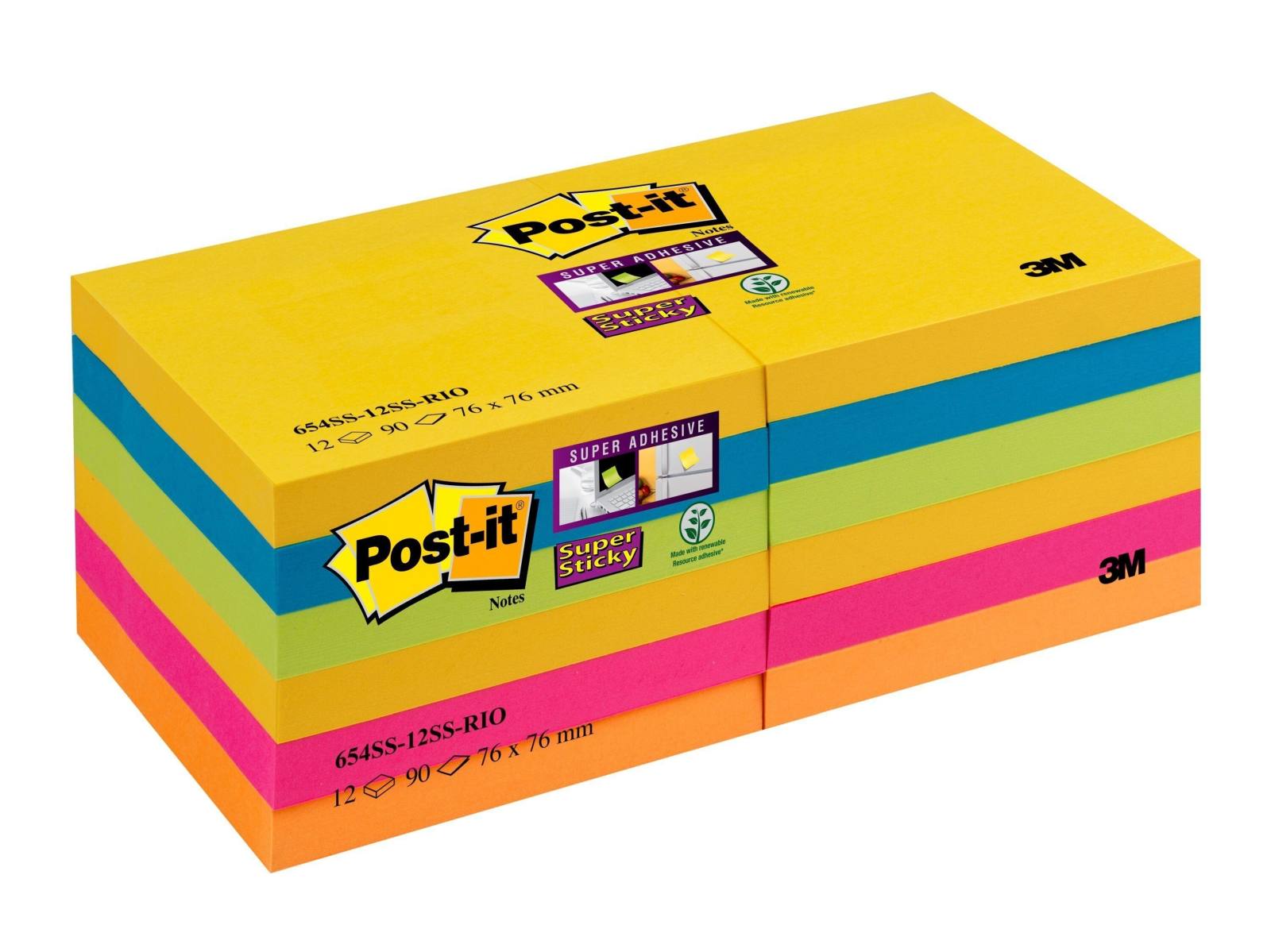 3M Post-it Super Sticky Notes 654-12SS-RIO 12 blocs de 90 feuilles chacun, collection Rio de Janeiero, 4x ultra-jaune, 2x ultra-bleu, 2x ultra-rose, 2x vert fluo, 2x orange fluo, 76 mm x 76 mm, certifié PEFC