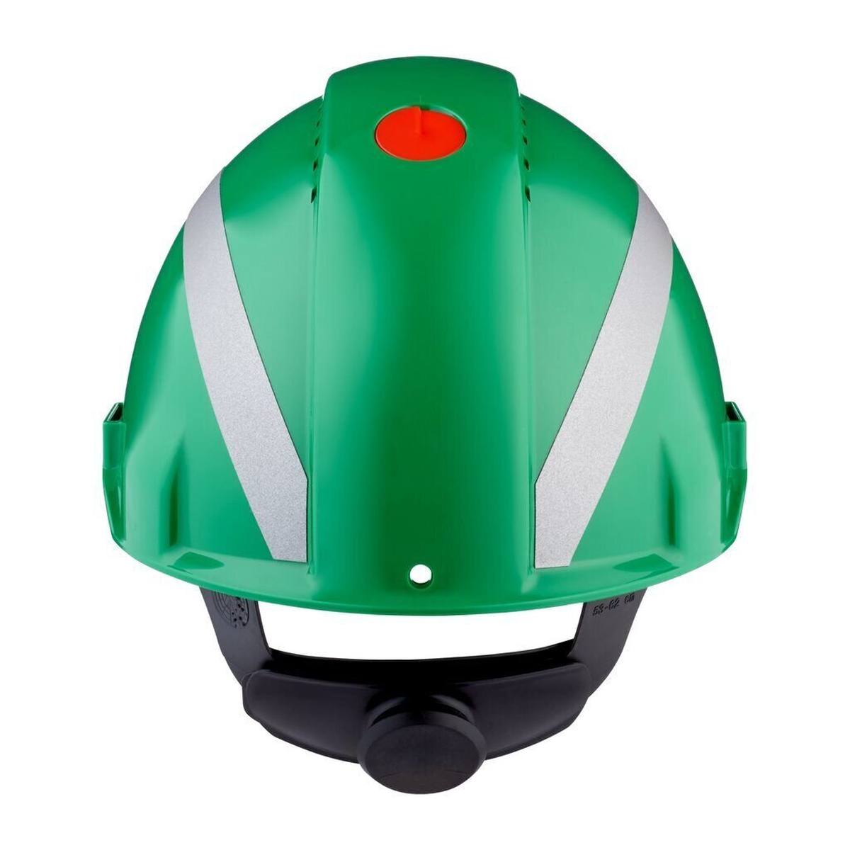 3M G3000 safety helmet with UV indicator, green, ABS, ventilated ratchet fastener, plastic sweatband, reflective sticker