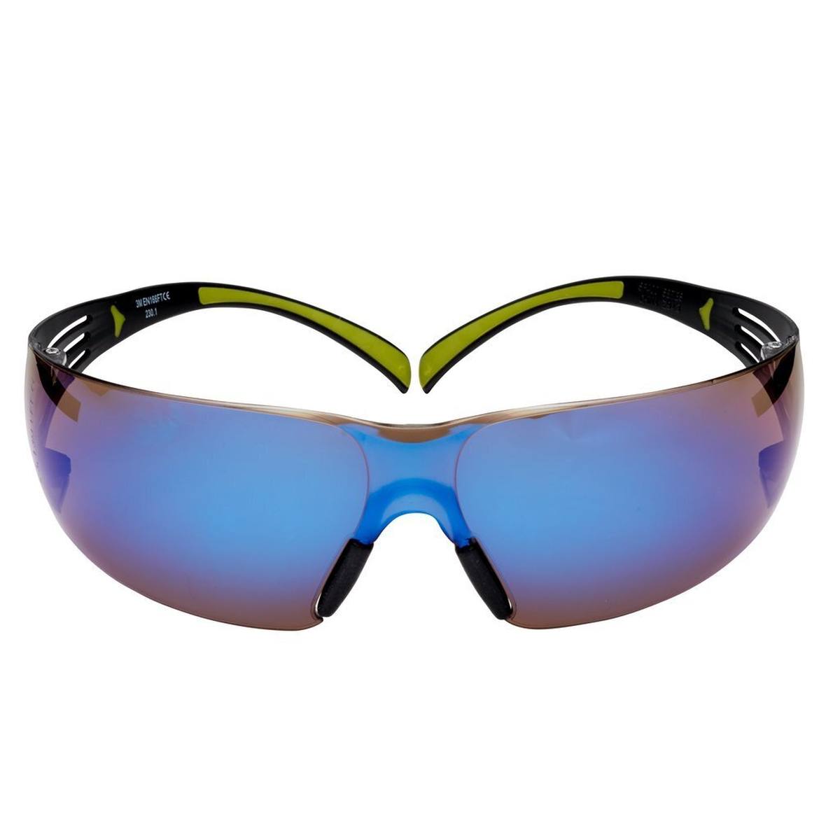 3M SecureFit 400 Schutzbrille, schwarz/grüne Bügel, Antikratz-Beschichtung, blaue Scheibe, verspiegelt, SF408AS-EU
