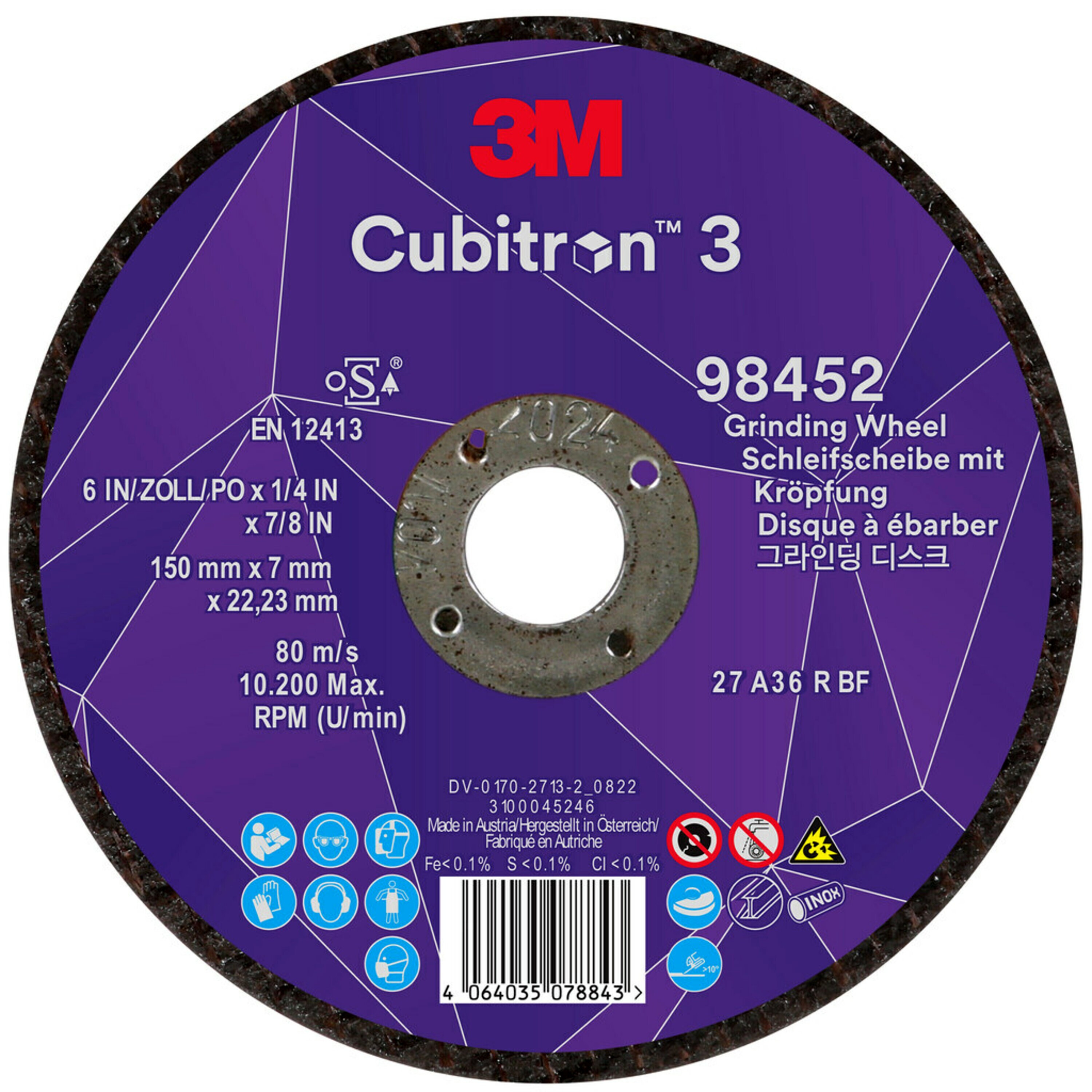 3M Cubitron 3 -hiomakiekko, 150 mm, 7,0 mm, 22,23 mm, 36 , tyyppi 27 # 98452