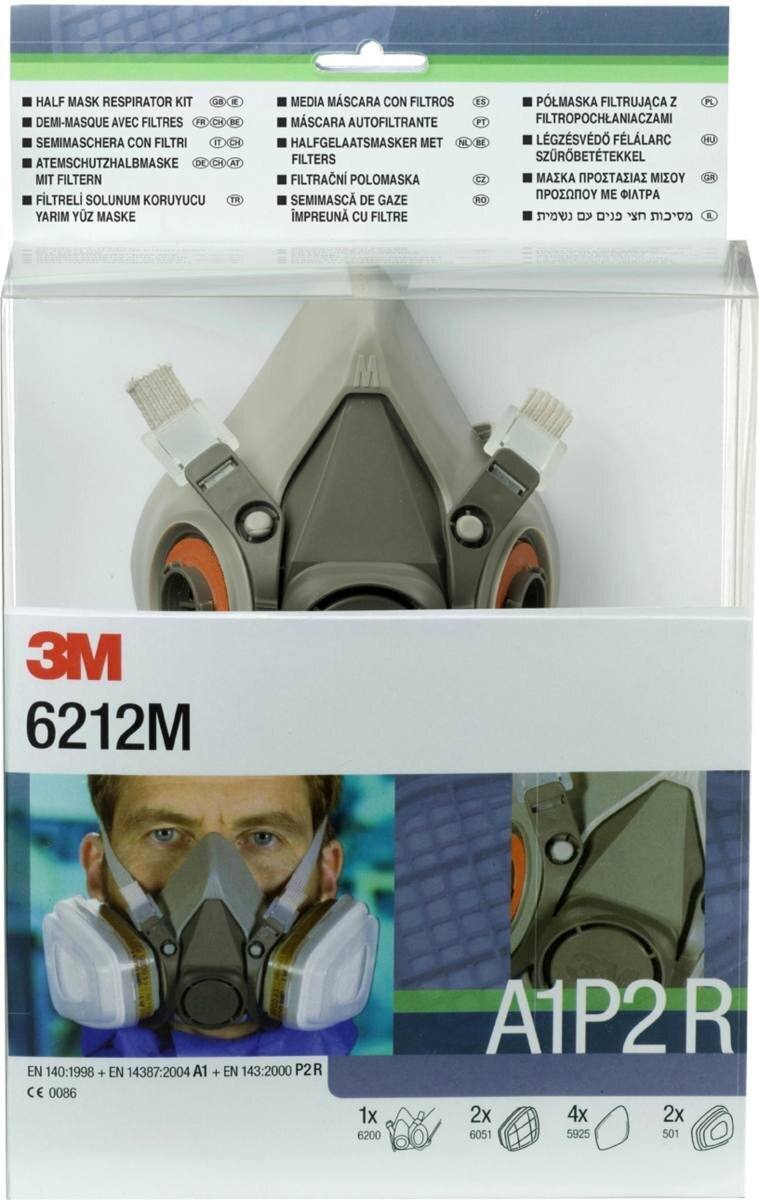 3M 6212M Half mask set A1P2 Sisältö: 1 kpl 6200 maski, 2 kpl 6051 A1-suodatin, 4 kpl 5925 P2R-suodatin, 2 kpl 501-suojus.