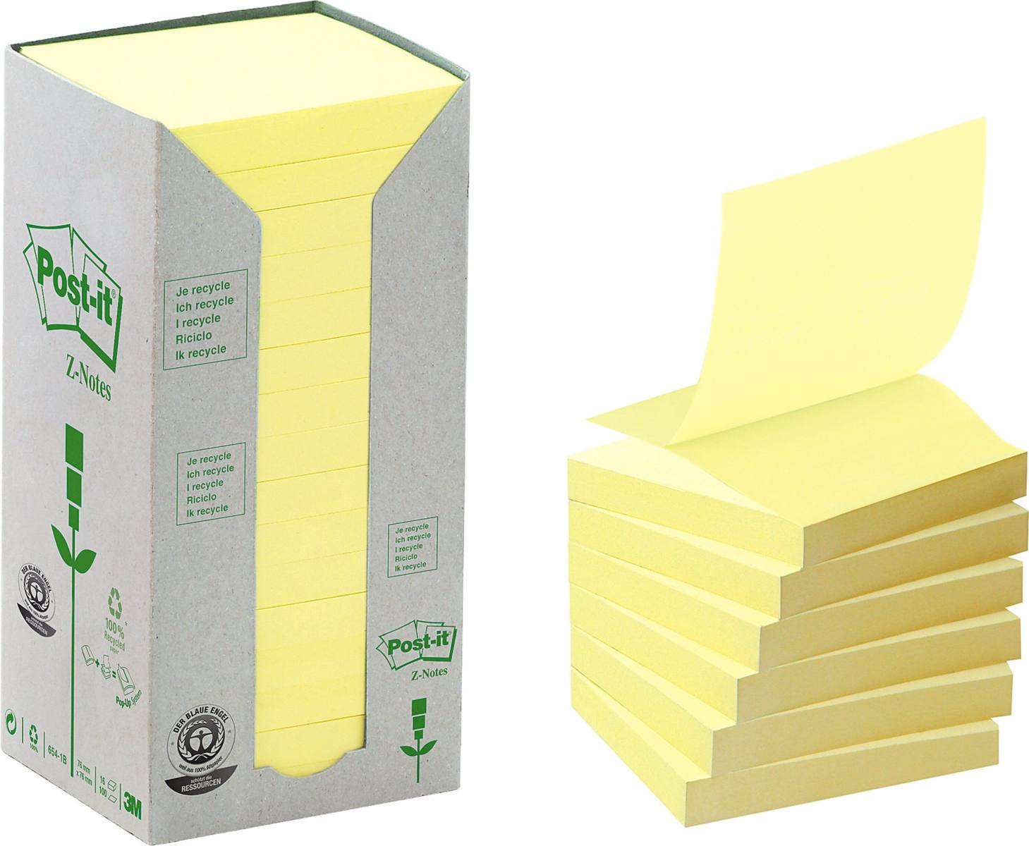 3M Post-it Reciclaje Z-Notes Tower R330-1T, 76 mm x 76 mm, amarillo, 16 blocs de 100 hojas cada uno
