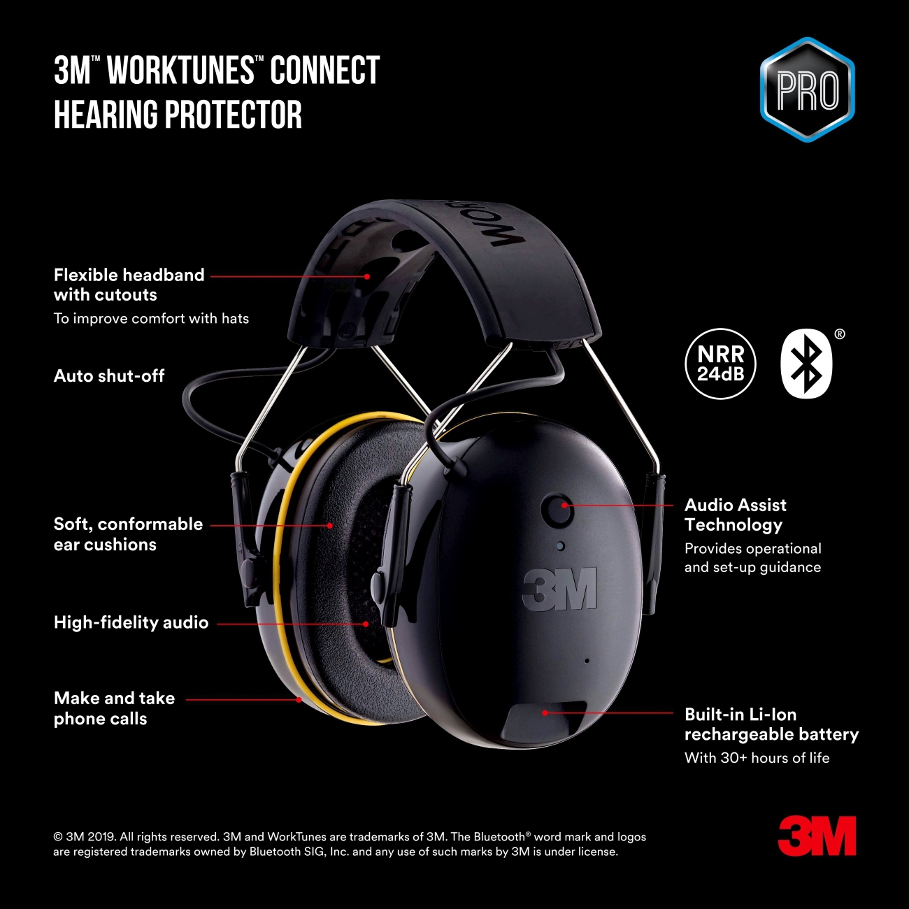 3M WorkTunes Connect Wireless hearing protection with Bluetooth Technology headband, black, 94-105 dB