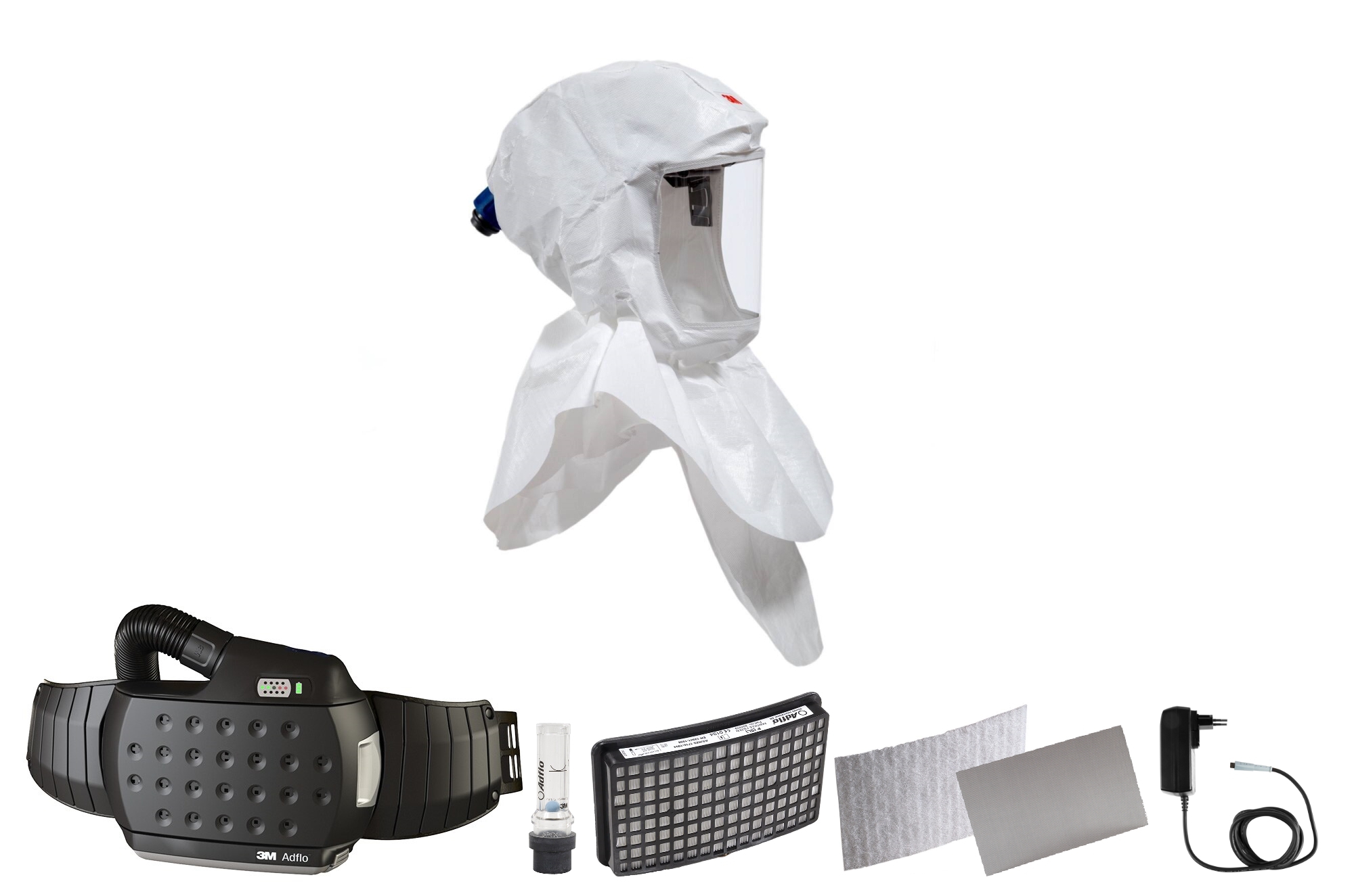 3M Speedglas Versaflo premium lightweight hood S657 starter pack, incl. head holder and inner bib with Adflo blower respirator with QRS air hose, adapter, air flow meter, pre-filter, spark arrester, particle filter, lithium-ion battery and charger