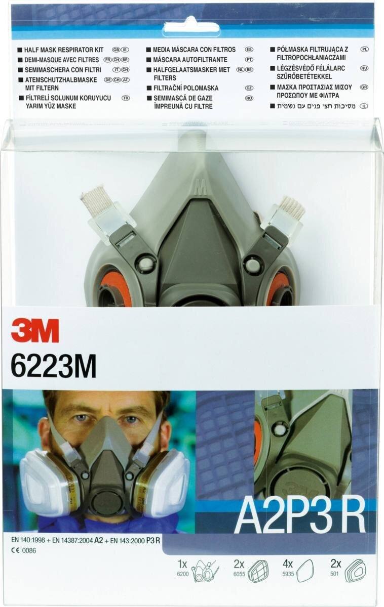 3M 6223M Puolimaskin setti A2P3 Sisältö: 1 kpl 6200-maski, 2 kpl 6055 A2-suodatin, 4 kpl 5935 P3R-suodatin, 2 kpl 501-suojus.