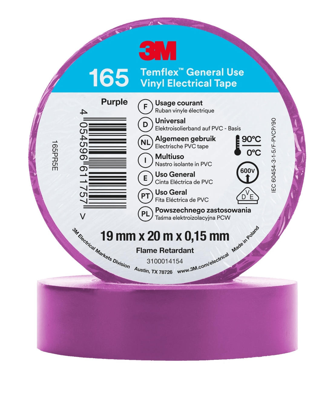 3M Temflex 165 vinyl electrical insulating tape, purple, 19 mm x 20 m, 0.15 mm