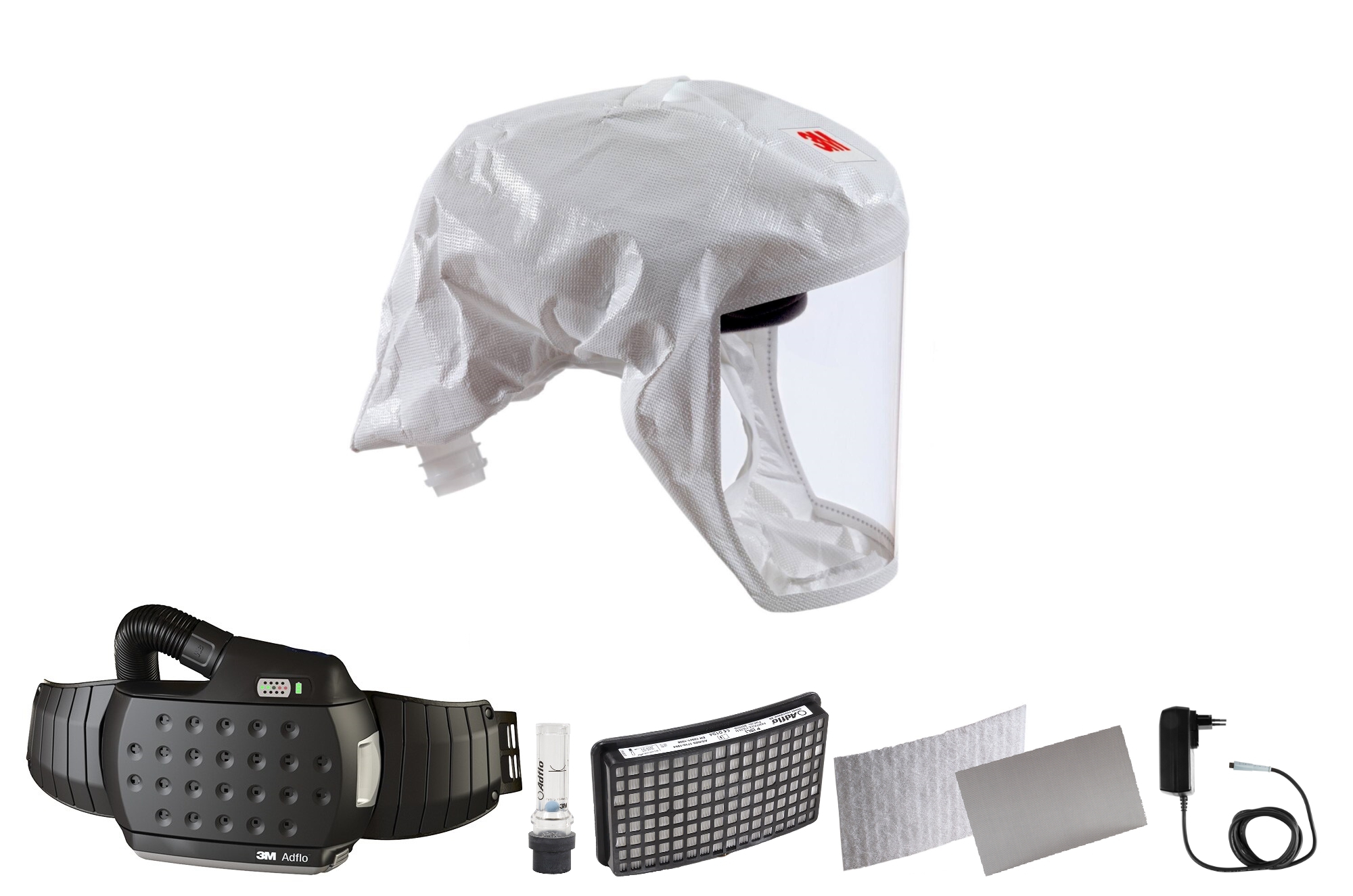 3M Speedglas Versaflo disposable lightweight hood S133S, with integrated head holder, size S/M with Adflo blower respirator with QRS air hose, adapter, air flow meter, pre-filter, spark arrestor, particle filter, lithium-ion battery and charger