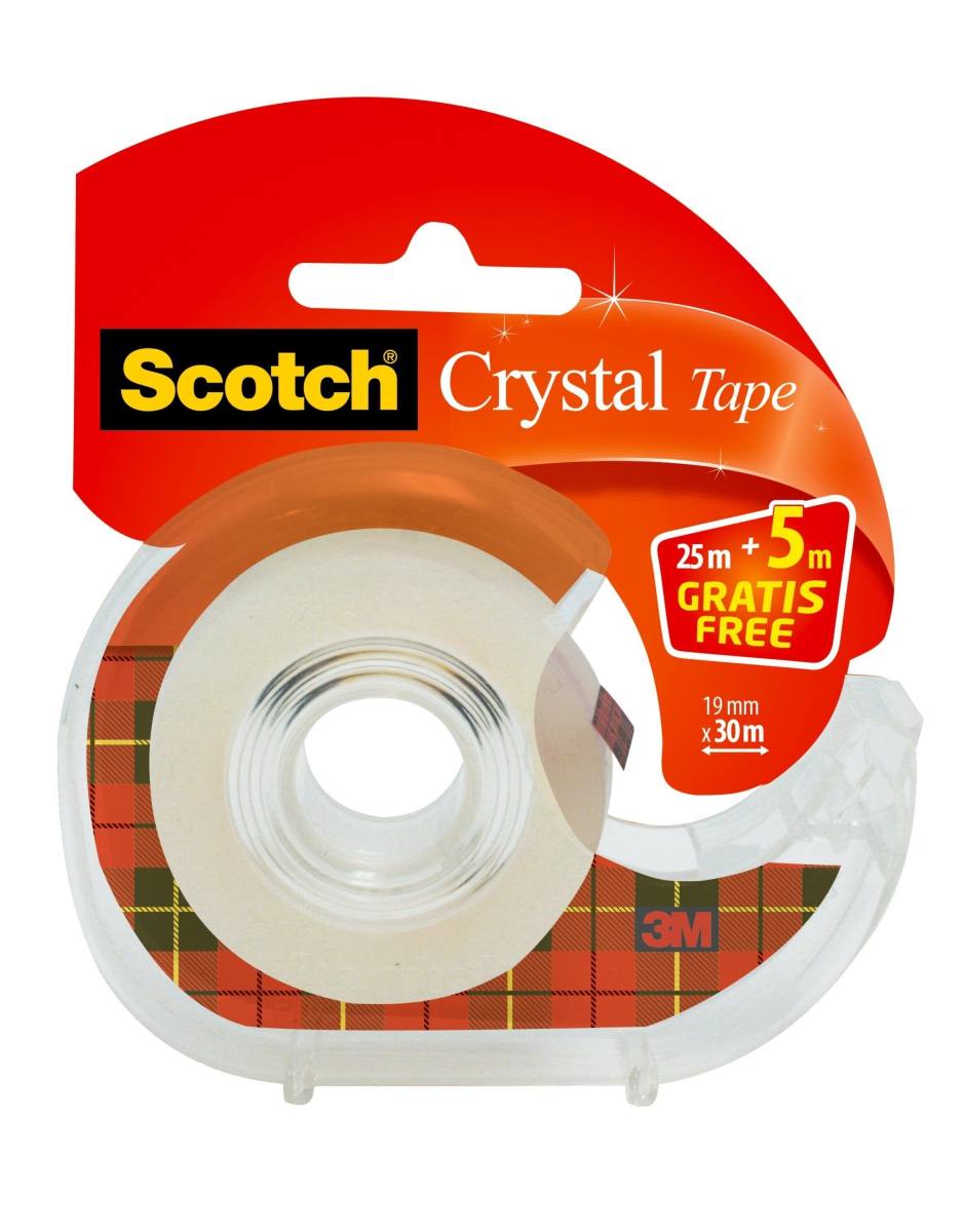 3M Scotch Crystal Klebeband 1 Rolle 19 mm x 25 m + 5 m GRATIS + Handabroller