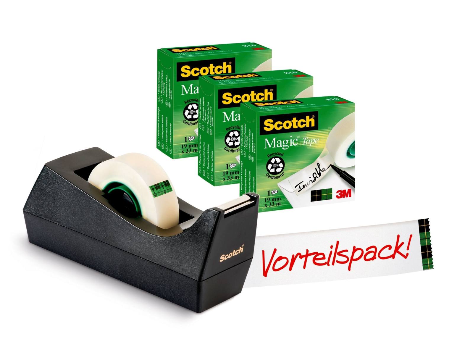 3M Scotch Magic adhesive tape C38SM3S, 19 mm x 33 m, black, 3 rolls of adhesive tape, 1 dispenser