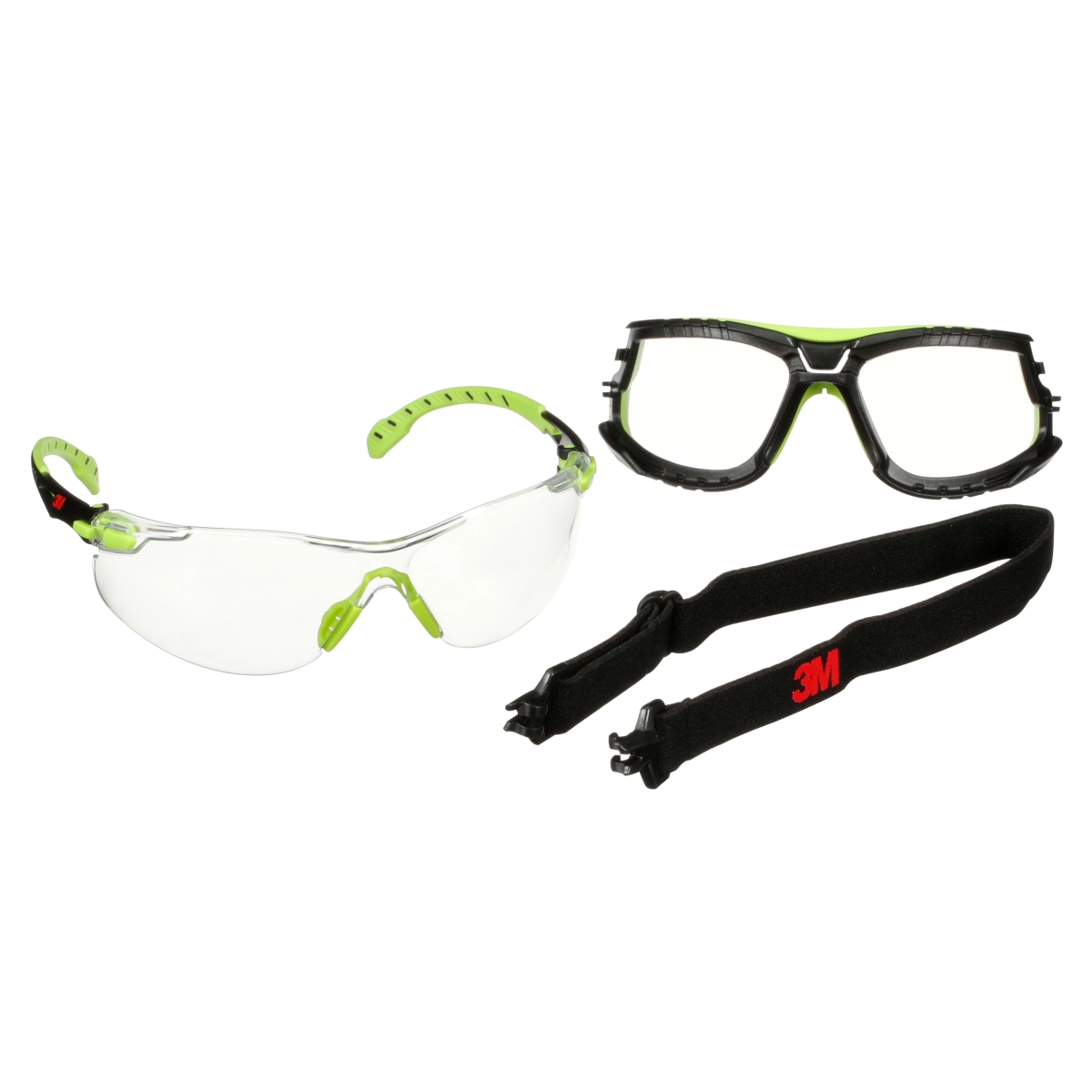 3M Solus 1000 safety spectacles, green/black temples, Scotchgard anti-fog/anti-scratch coating (K&amp;N), clear lens, TPE gasket and headband, S1201SGAF-TSKT-EU