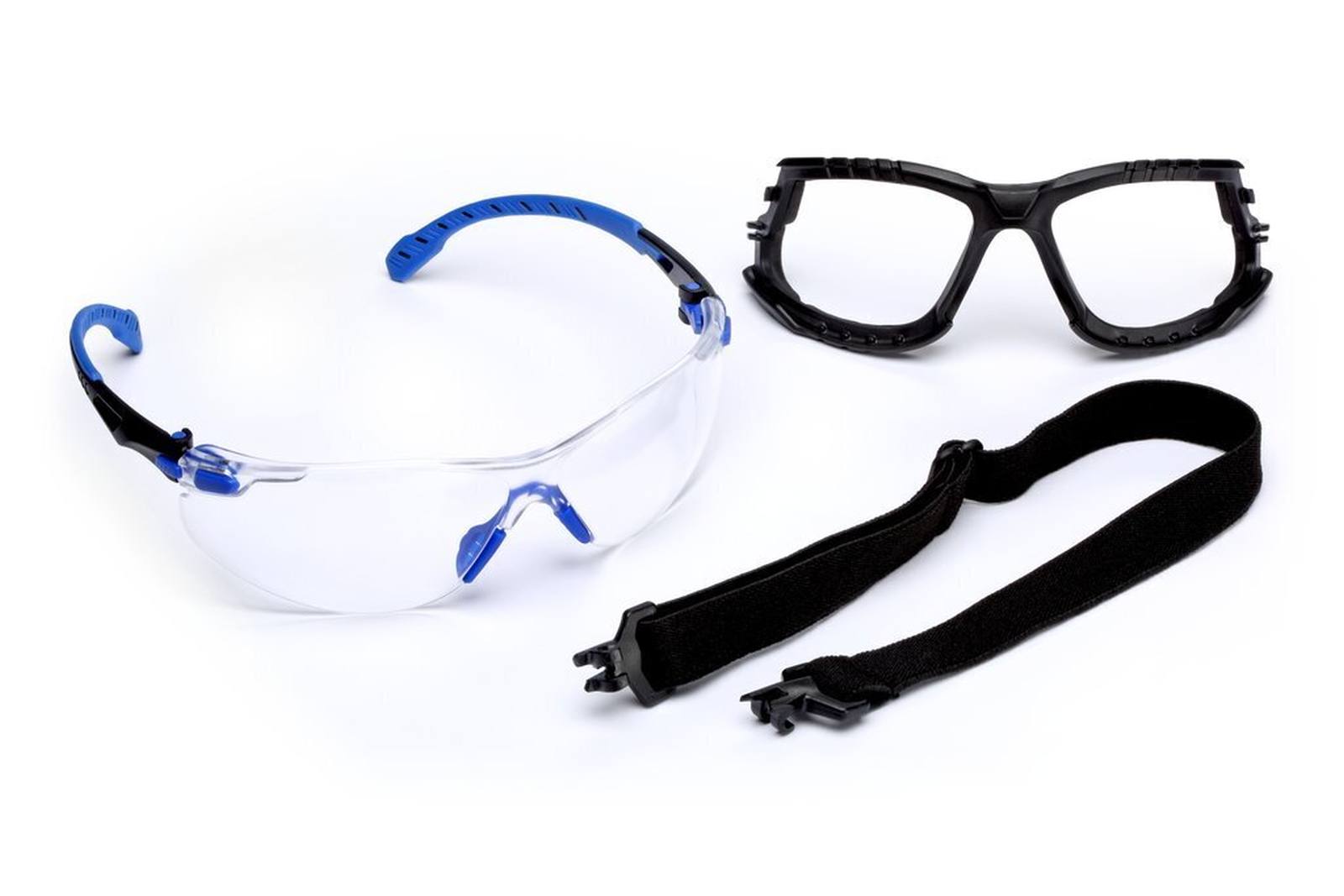 3M Gafas de protección Solus 1000, patillas azul/negro, revestimiento Scotchgard antivaho/antirayas (K&amp;N), lente transparente, montura y cinta de espuma, S1101SGAFKT-EU