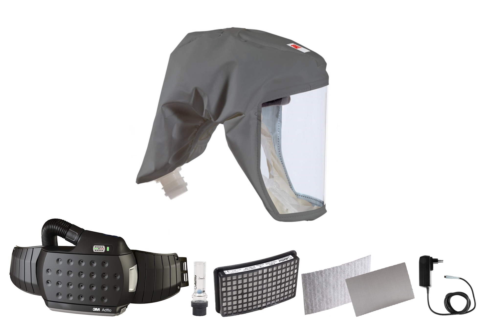 3M Speedglas Versaflo disposable lightweight hood S333S, with integrated head holder, size S/M with Adflo blower respirator with QRS air hose, adapter, air flow meter, pre-filter, spark arrester, particle filter, lithium-ion battery and charger