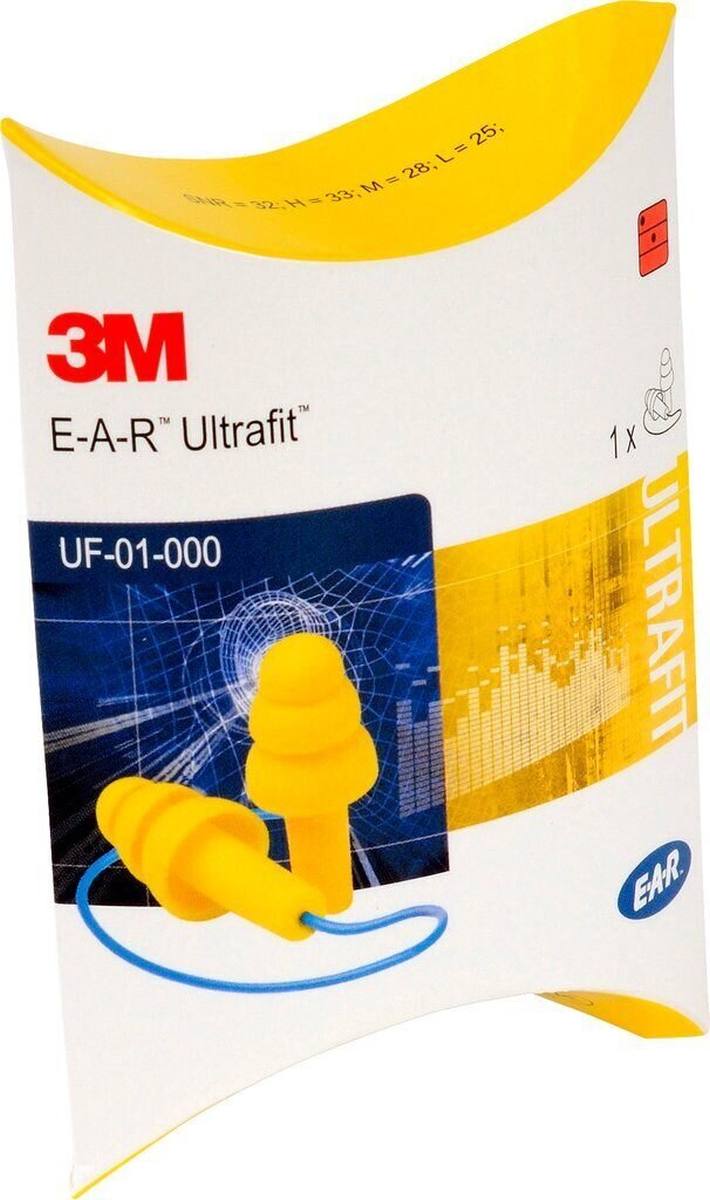 3M E-A-R Ultrafit, mit Kordel, vorgeformt, paarweise in Kissenpackung (Karton), SNR = 32 dB, UF01000S