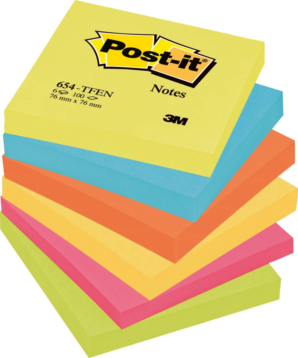3M Post-it Notes 654TFEN, 76 mm x 76 mm, vert fluo, orange fluo, ultra bleu, ultra jaune, ultra rose, 100 feuilles