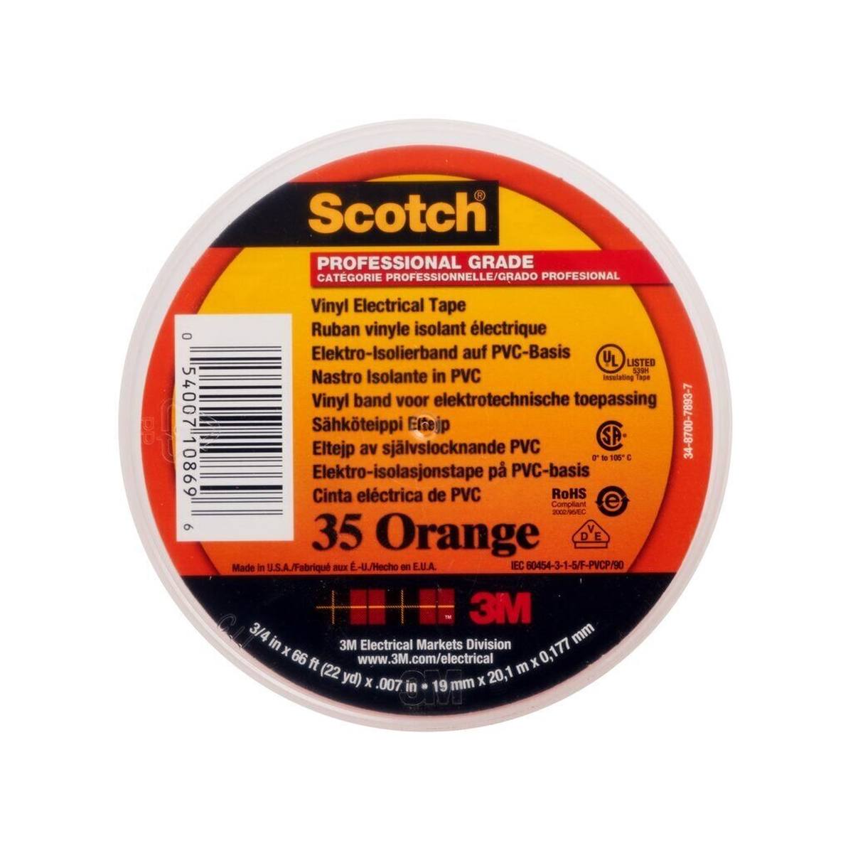3M Scotch 35 Vinyl ruban électrique isolant, orange, 19 mm x 20 m, 0,18 mm