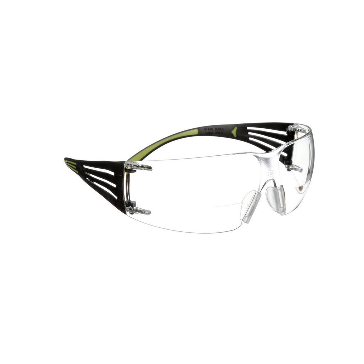3M SecureFit 400 Reader Schutzbrille, schwarz/grüne Bügel, Antikratz-/Anti-Fog-Beschichtung, transparente Scheibe mit +2,5 Stärke, SF425AS/AF-EU