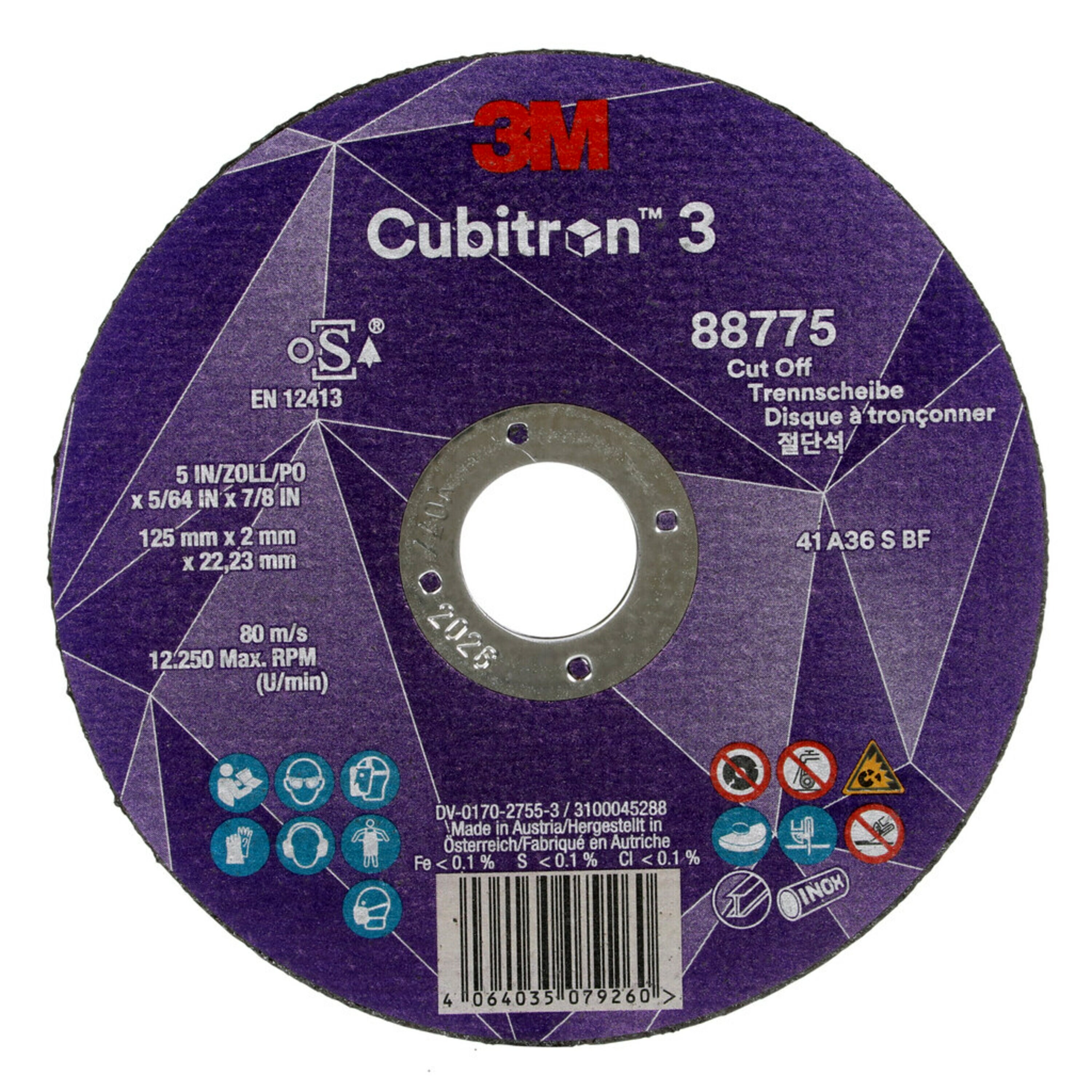 Disco de corte 3M Cubitron 3, 125 mm, 2 mm, 22,23 mm, 36 , tipo 41 #88775