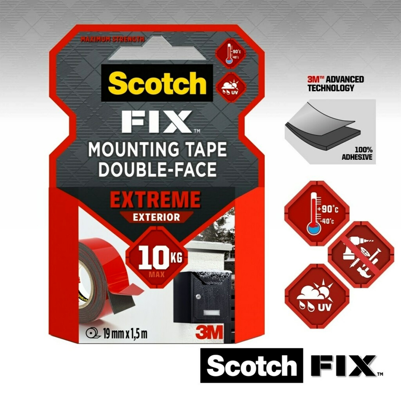 3M Scotch-Fix Extreme external mounting tape, 19 mm x 1.5 m, Holds up to 10 kg, 1 kg/15 cm