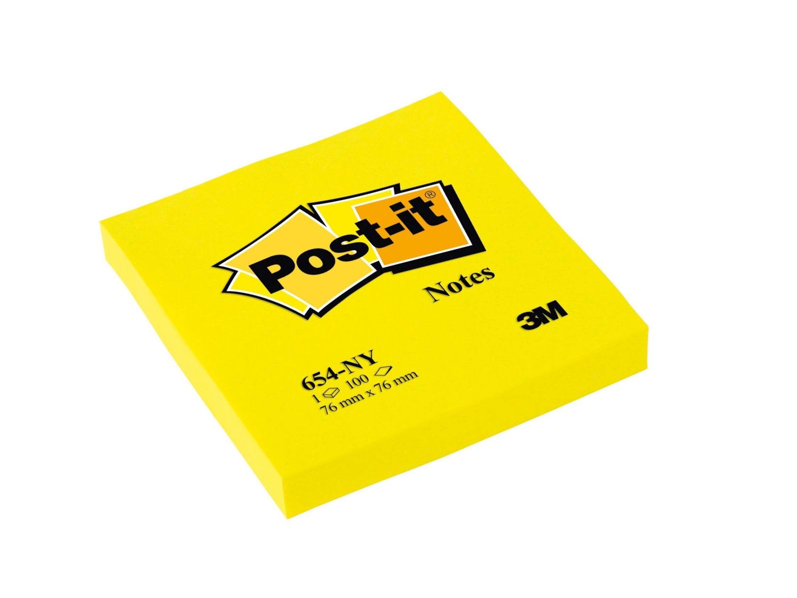 3M Post-it Notes 654NGE, 76mm x 76 mm, jaune fluo, 1 bloc de 100 feuilles
