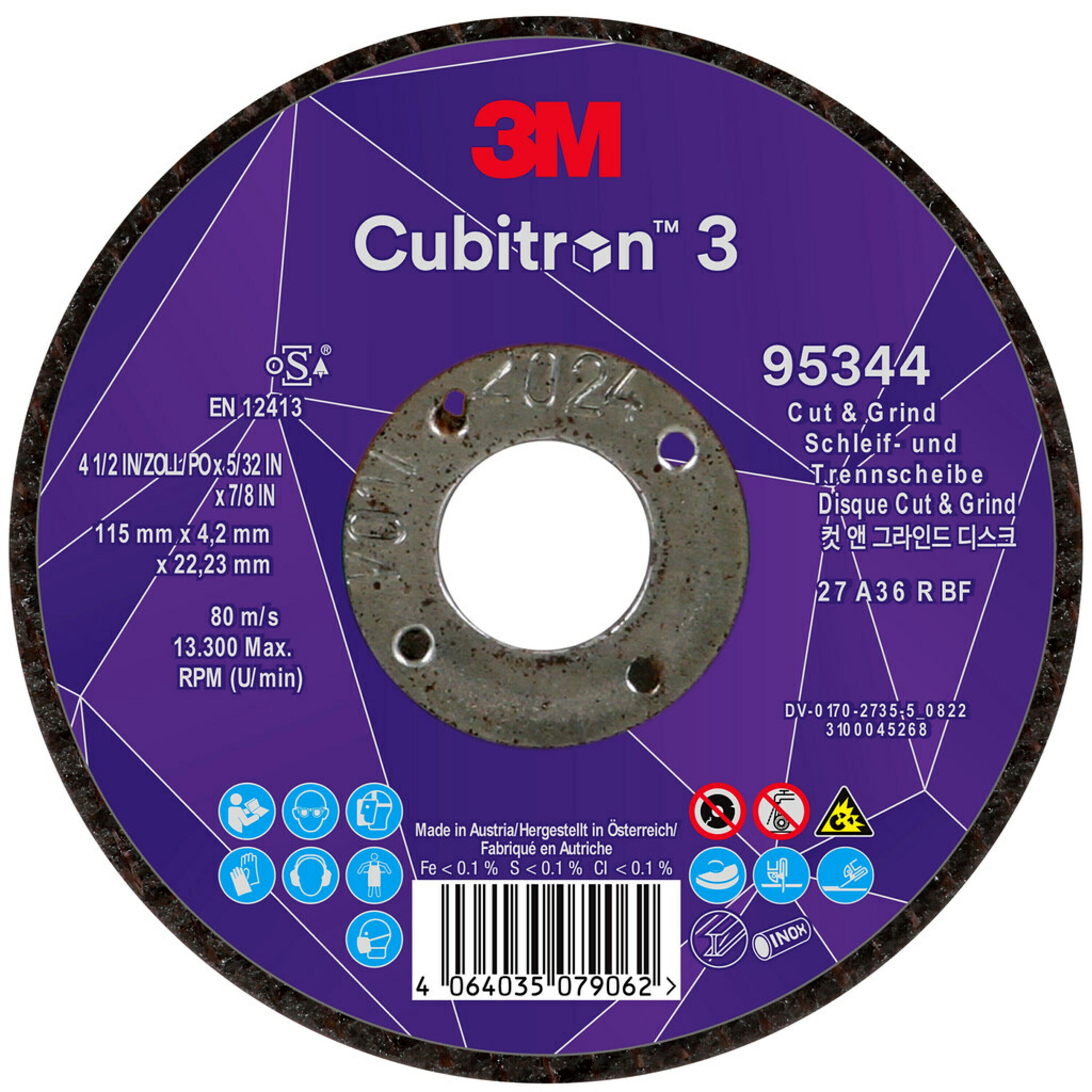 3M Cubitron 3 Cut & Grind Schruppscheibe, 115 mm, 4,2 mm, 22,23 mm, 36+, Typ 27 #95344