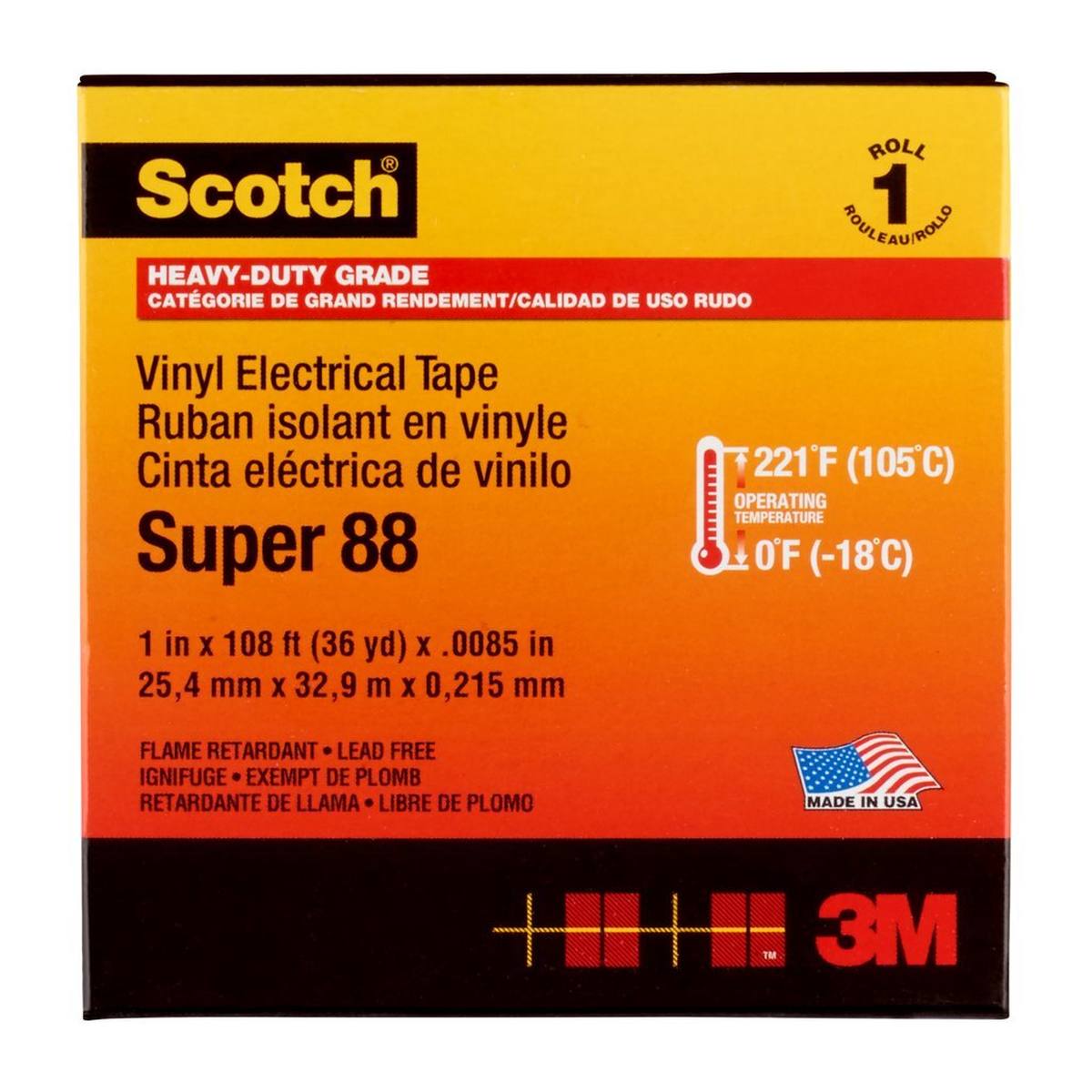 3M Cinta aislante eléctrica de vinilo Scotch Super 88, negra, 25 mm x 33 m, 0,22 mm