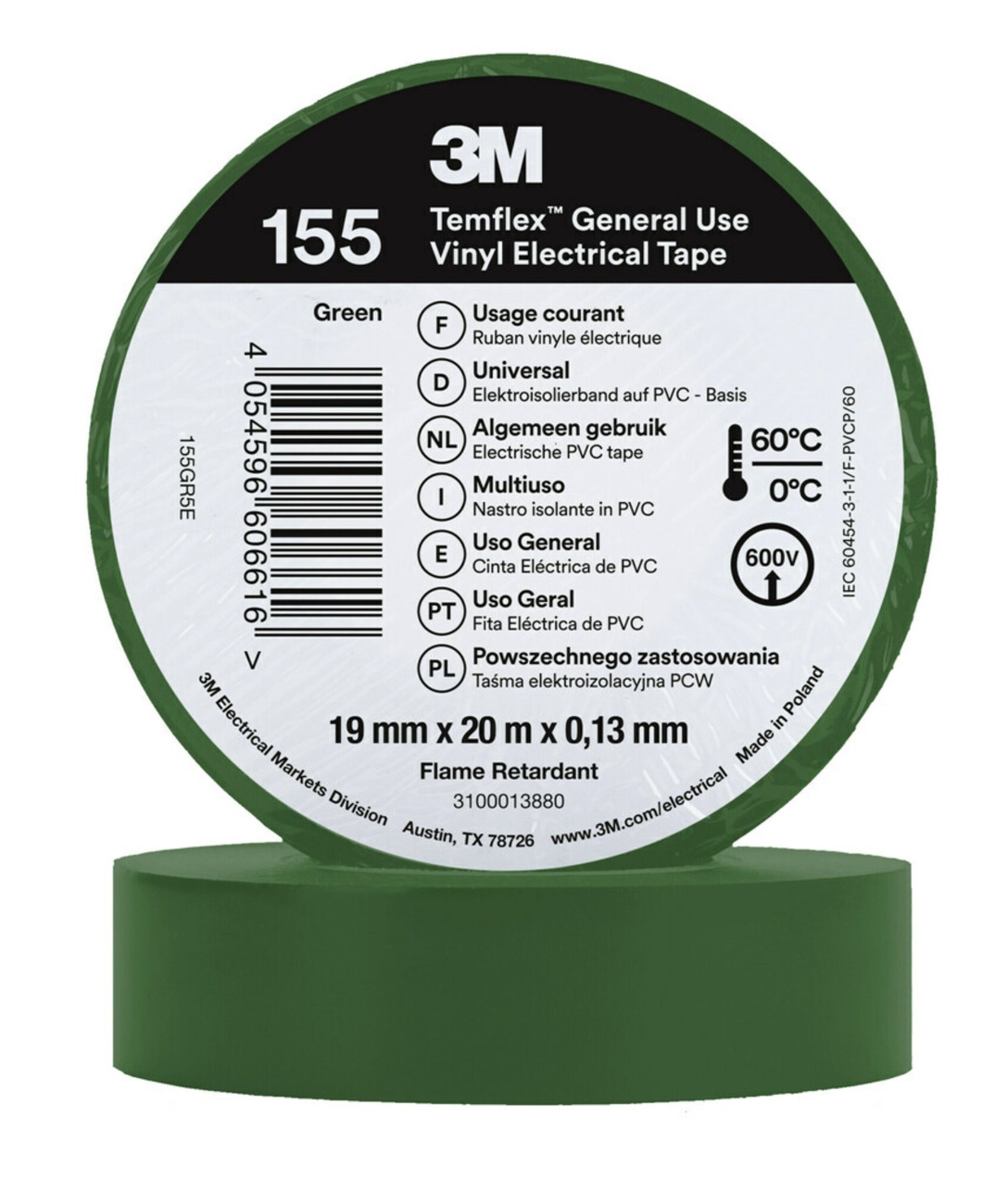 3M Temflex 155 vinyl electrical insulation tape, green, 19 mm x 20 m, 0.13 mm
