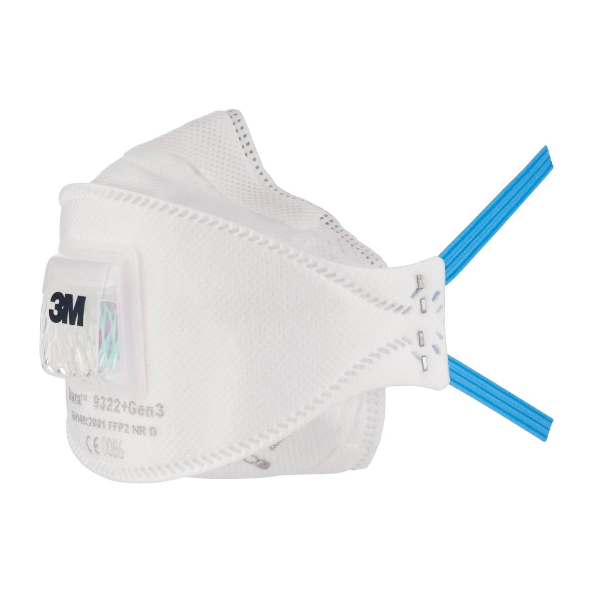 3M 9322+ Gen3 Aura Masque de protection respiratoire FFP2 avec valve d'expiration Cool-Flow, jusqu'à 10 fois la valeur limite (emballage individuel hygiénique)