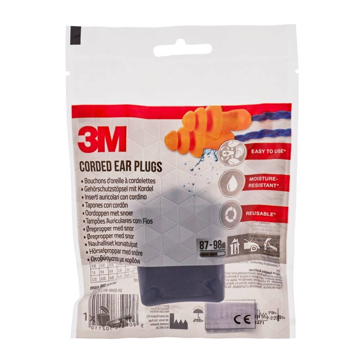 3M Earplugs with cord 1271 with storage box, 1 set (87 to 98 dB)