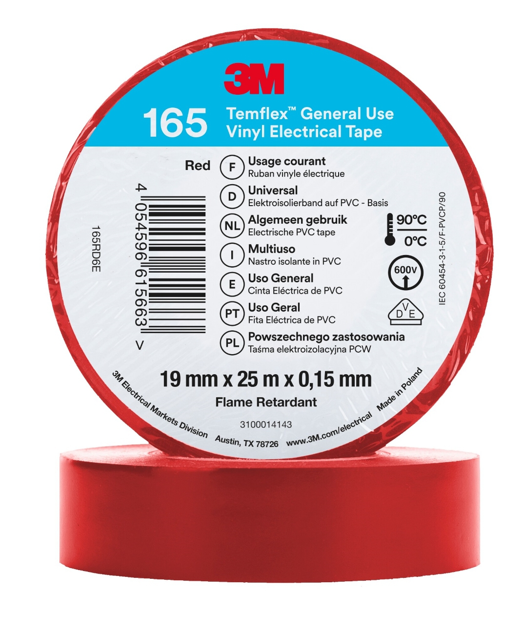 3M Temflex 165 vinyl electrical insulating tape, red, 19 mm x 25 m, 0.15 mm