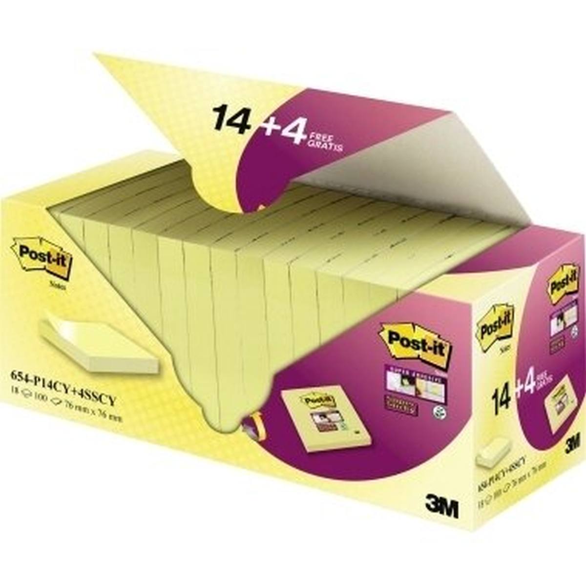 3M Post-it Notes Promotion 654-P14CY+4SSCY 14 blocs de Post-it Notes à 100 feuilles, jaune, 76 mm x 76 mm, certifiés PEFC, y compris 4 blocs de Post-it Super Sticky Notes à 90 feuilles, jaune, 76 mm x 76 mm, certifiés PEFC, gratuit