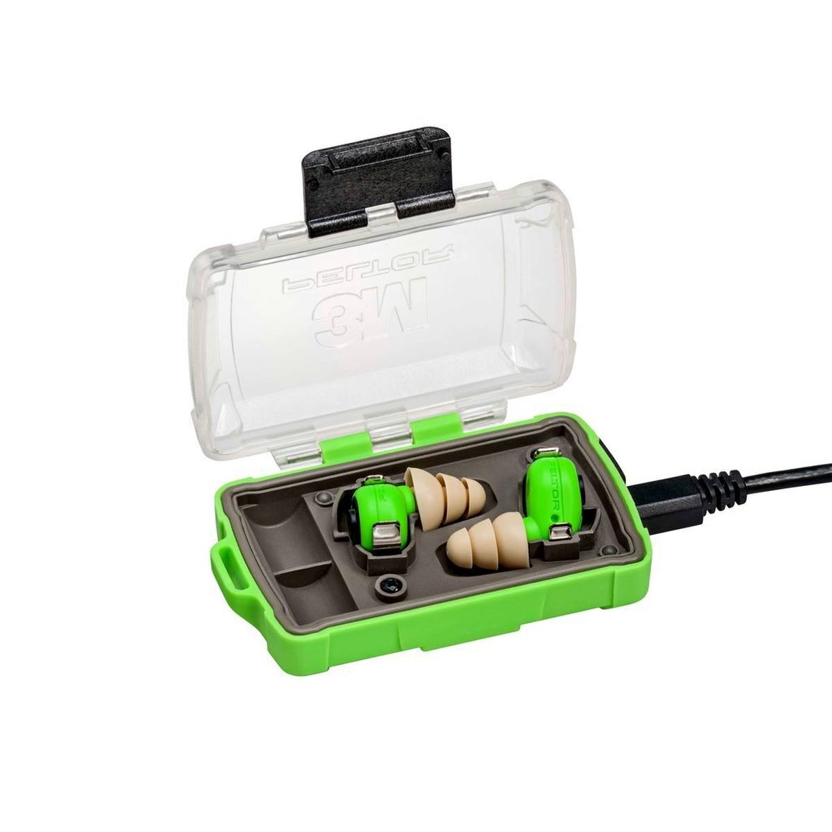 3M PELTOR EEP-100 EU electronic earplugs, set: earplugs and charging station (with closed lid and USB ports) are IP-54 rated and waterproof