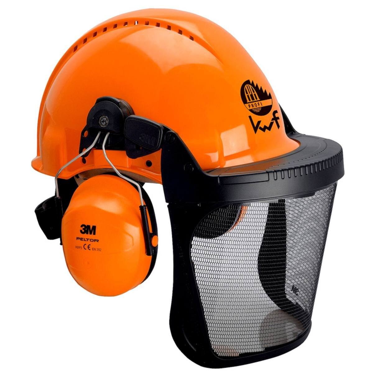 3M G3000 Kopfschutz-Kombination 3MO315J in Orange mit H31P3E Kapseln, Ratschensystem, Visier 5J Ätzmetall, Leder-Schweißband, KWF-Logo