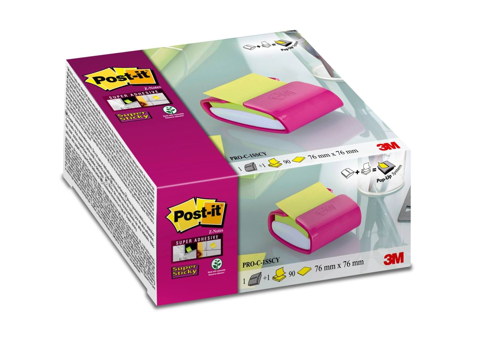 3M Post-it Super Sticky Z-Notes -annostelija PRO-F1NG, 86 mm x 46 mm x 103 mm, fuksia, 1 Z-Notes-annostelija, 1 90 arkin korttipakkaus