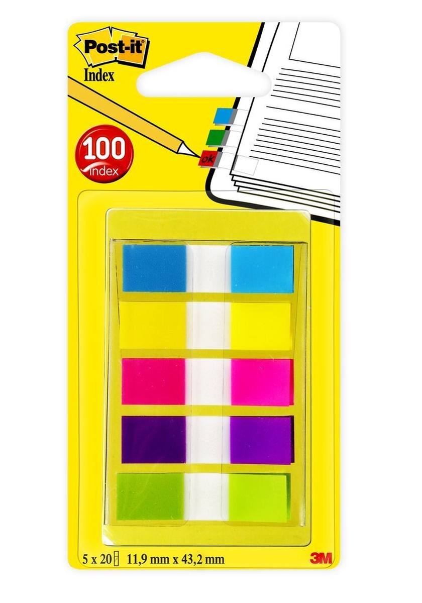 3M Post-it Index Mini 6835CBEU, 11,9 mm x 43,2 mm, amarillo, morado, verde lima, rosa, turquesa, 5 x 20 tiras adhesivas