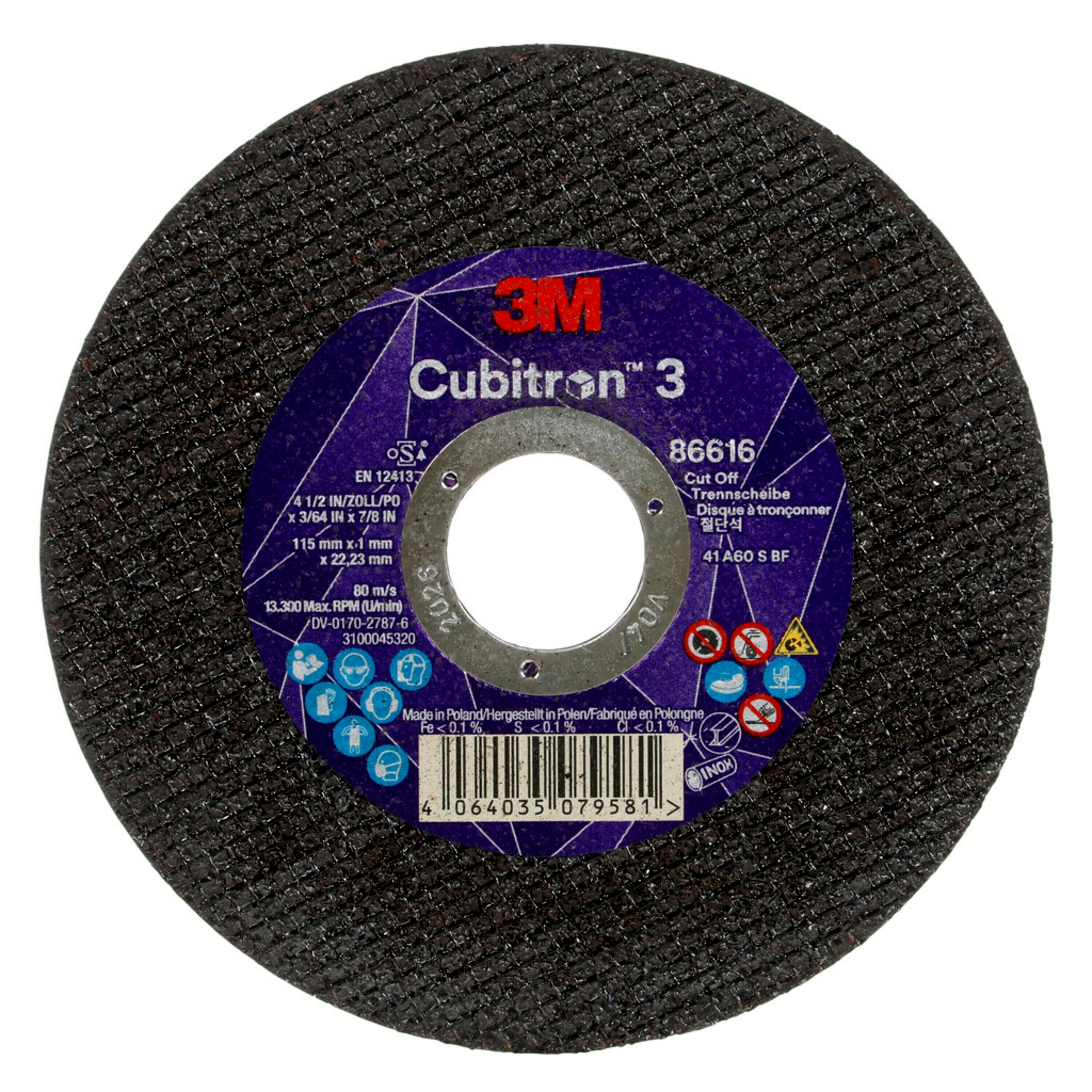 3M Cubitron 3 disco da taglio, 115 mm, 1 mm, 22,23 mm, 60 , tipo 41 #86616