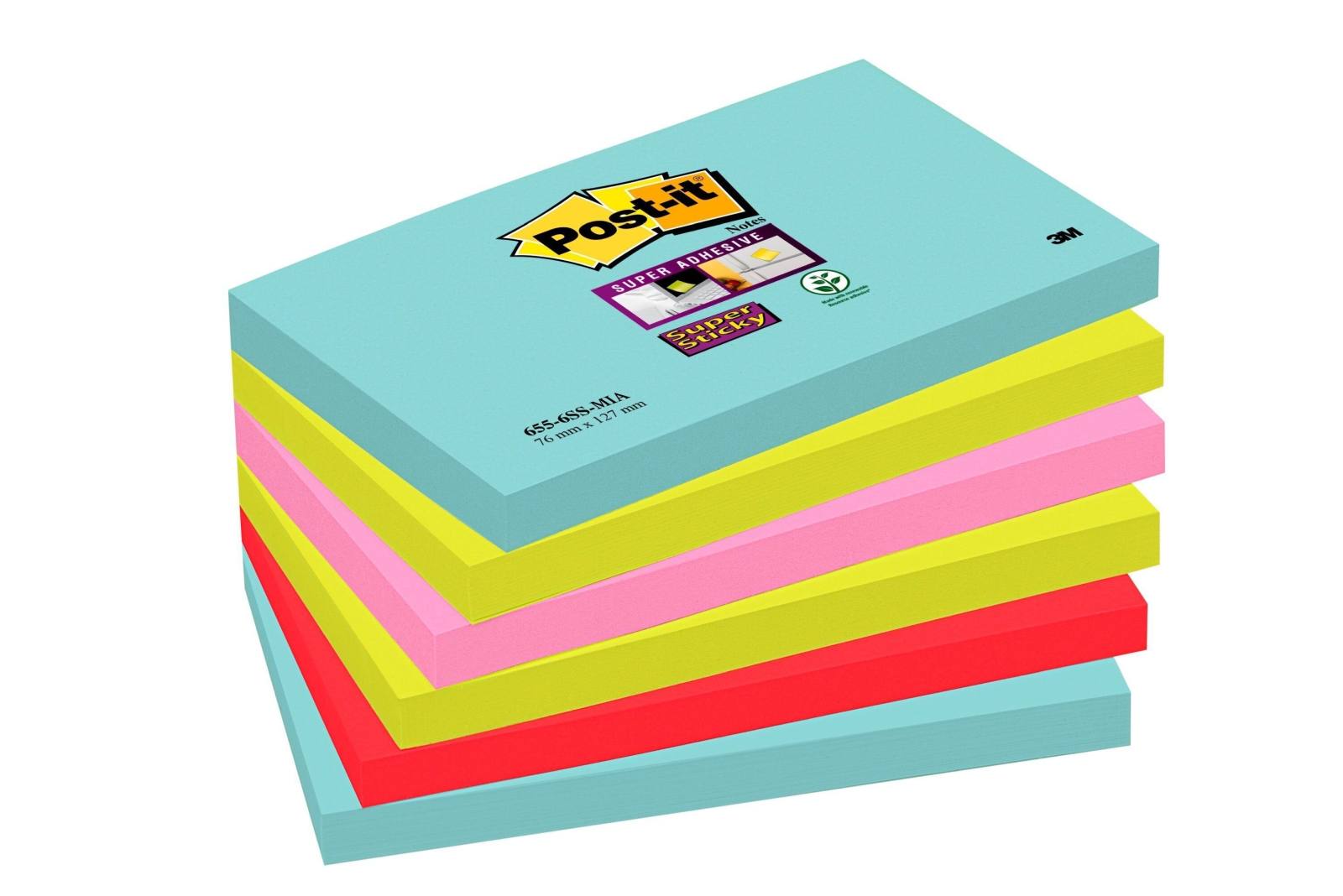 3M Post-it Super Sticky Notes 6556SMI, 127 mm x 76 mm, turquoise, neon green, neon pink, poppy red, 6 pads of 90 sheets each
