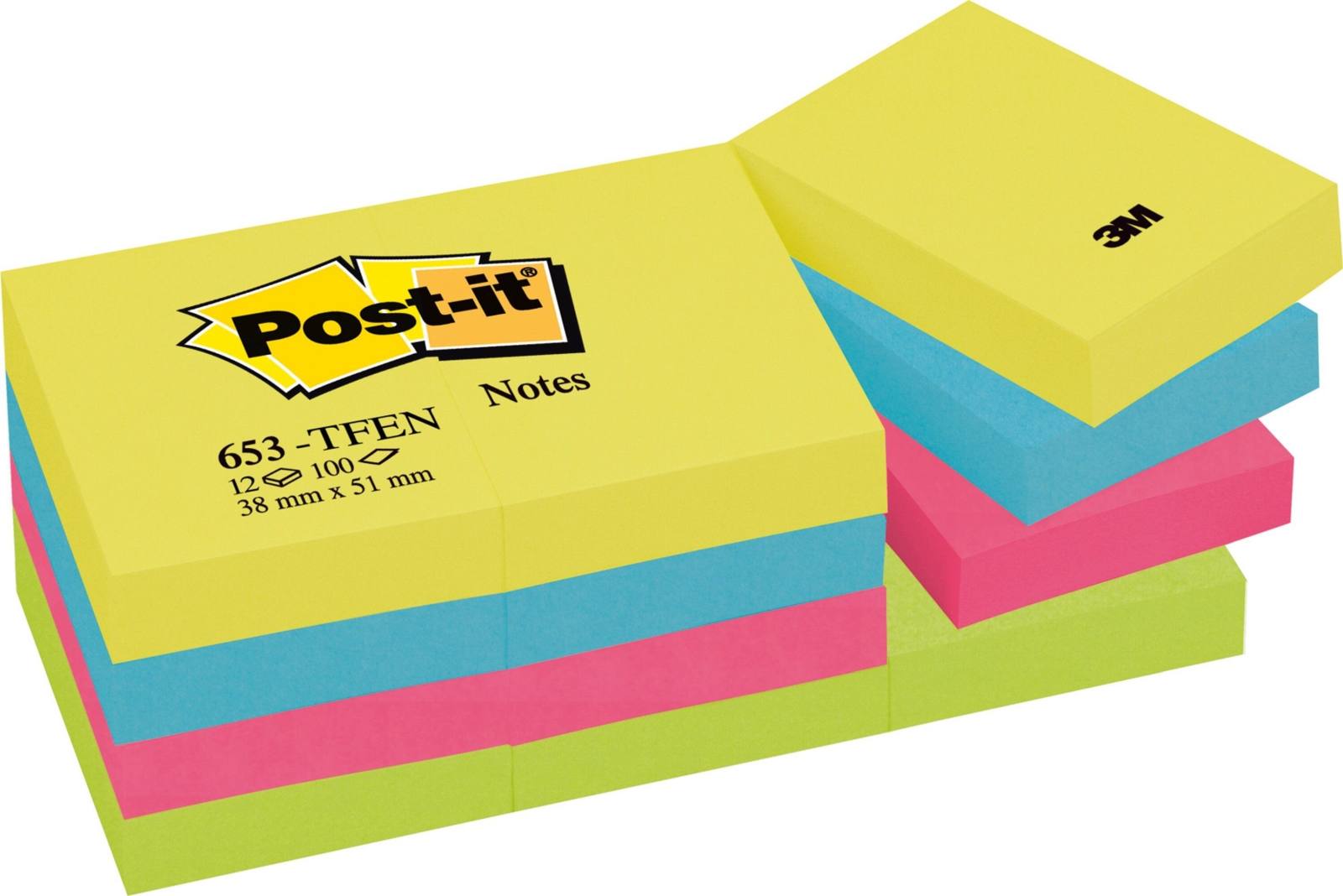 3M Post-it Notes 653TFEN, 51 mm x 38 mm, neongrün, ultrablau, ultragelb, ultrapink, 12 Blöcke à 100 Blatt