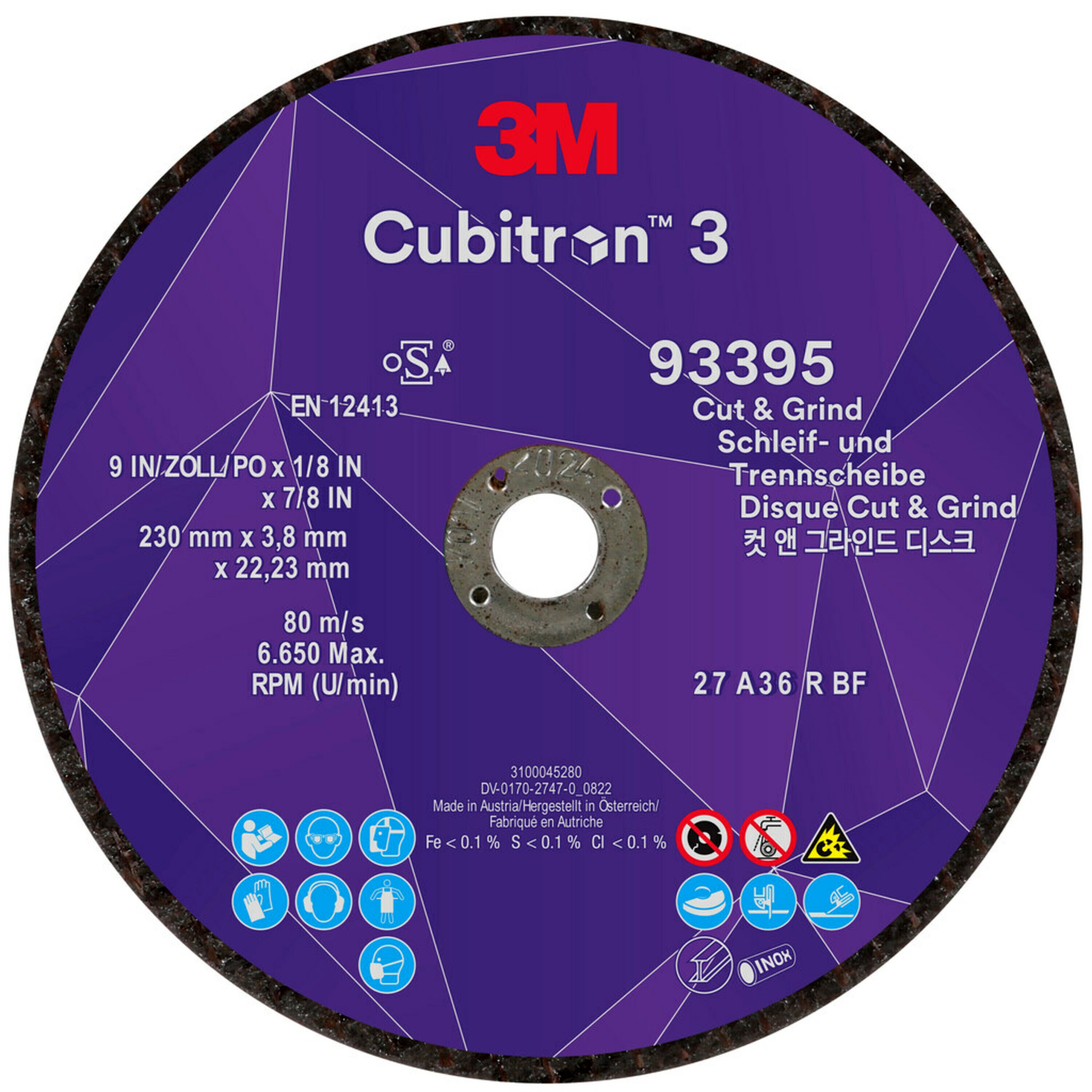 3M Cubitron 3 Cut & Grind Schruppscheibe, 230 mm, 3,8 mm, 22,23 mm, 36+, Typ 27 #93395