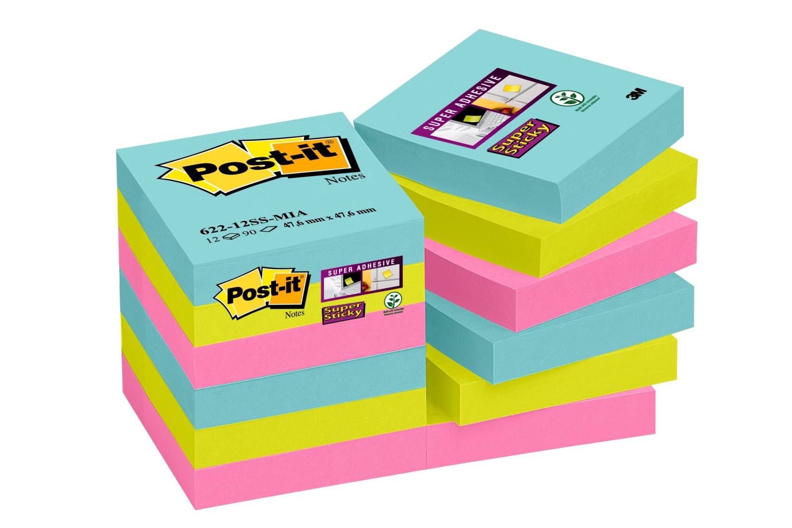 3M Post-it Super Sticky Notes 62212SMI, 48 mm x 48 mm, turquoise, neon green, neon pink, 12 pads of 90 sheets each