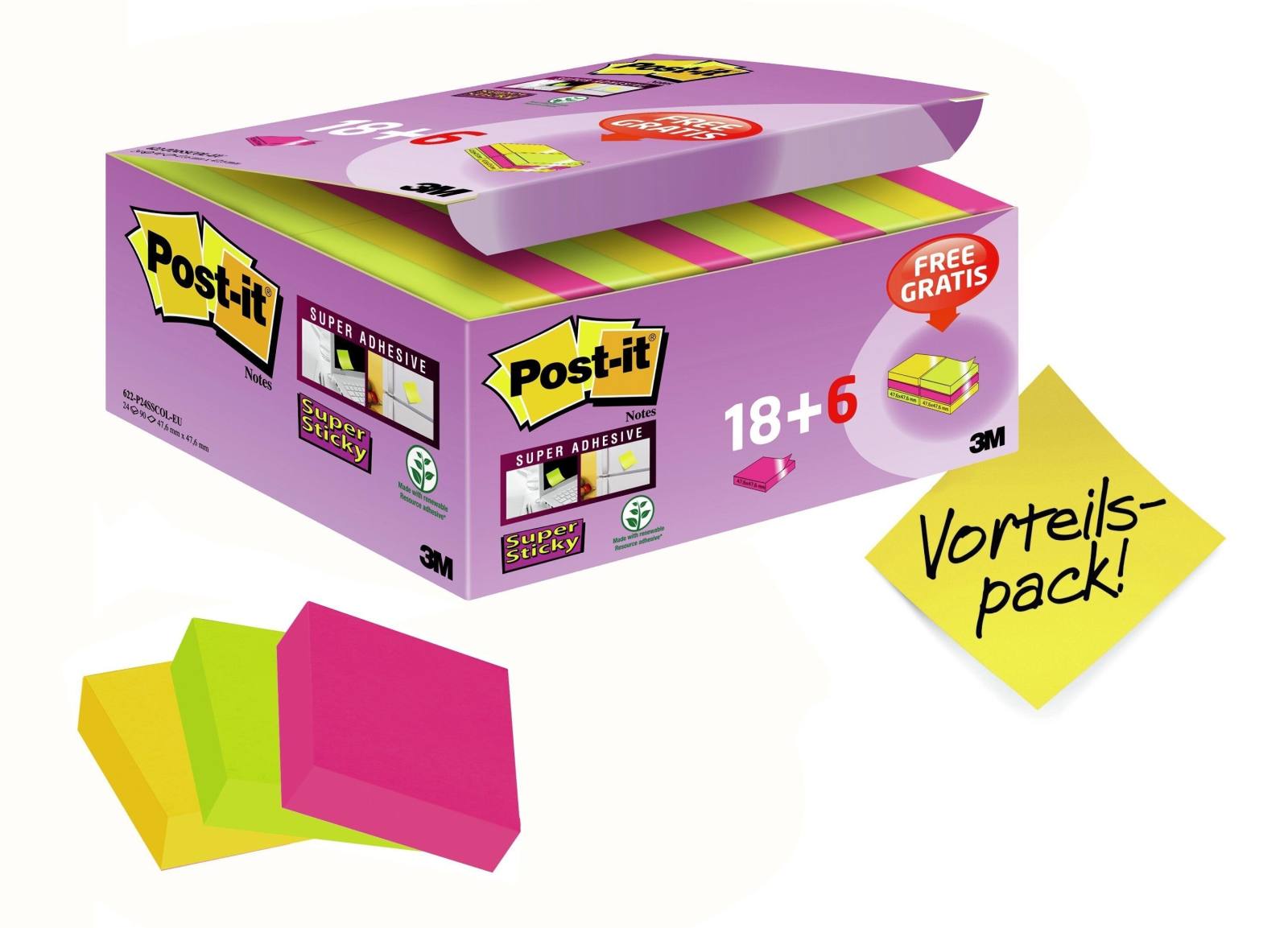 3M Post-it Super Sticky Notes Promotion 622P24SC, 24 blocs de 90 hojas en una caja a un precio especial, ultra rosa, amarillo, verde neón, 48 mm x 48 mm, sin celofanizar individualmente, certificado PEFC