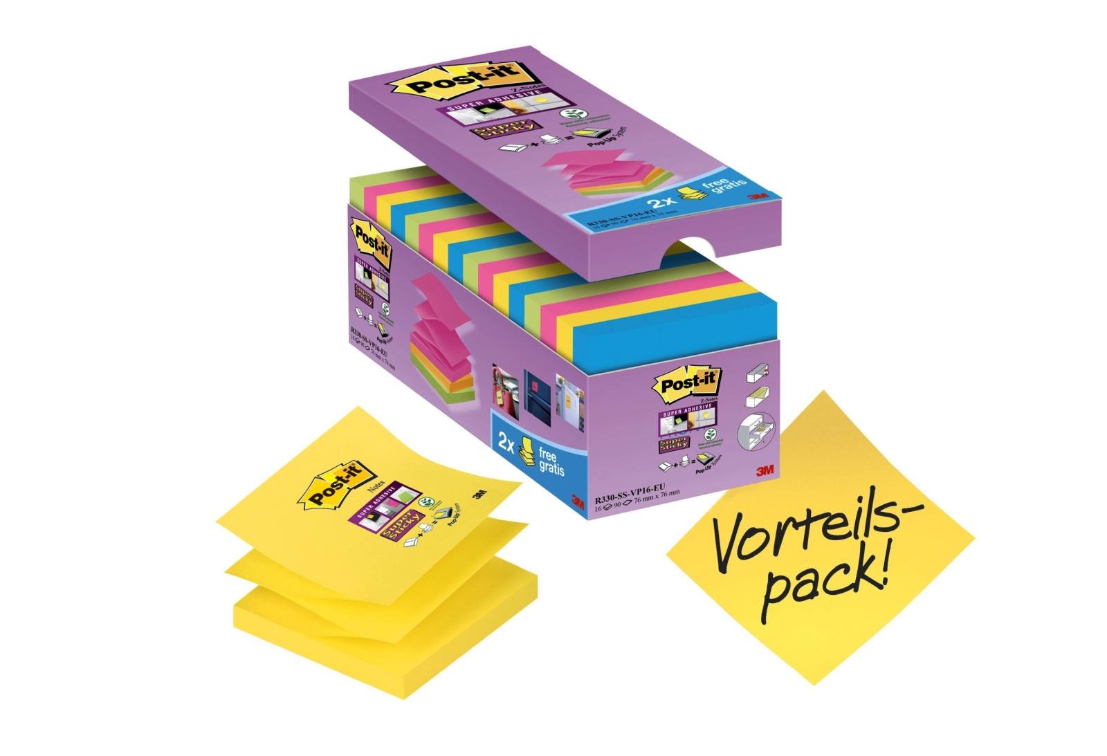 3M Post-it Super Sticky Z-Notes R330S16, 76 mm x 76 mm, ultra blu, ultra giallo, ultra rosa, verde lime, 16 blocchetti da 90 fogli ciascuno